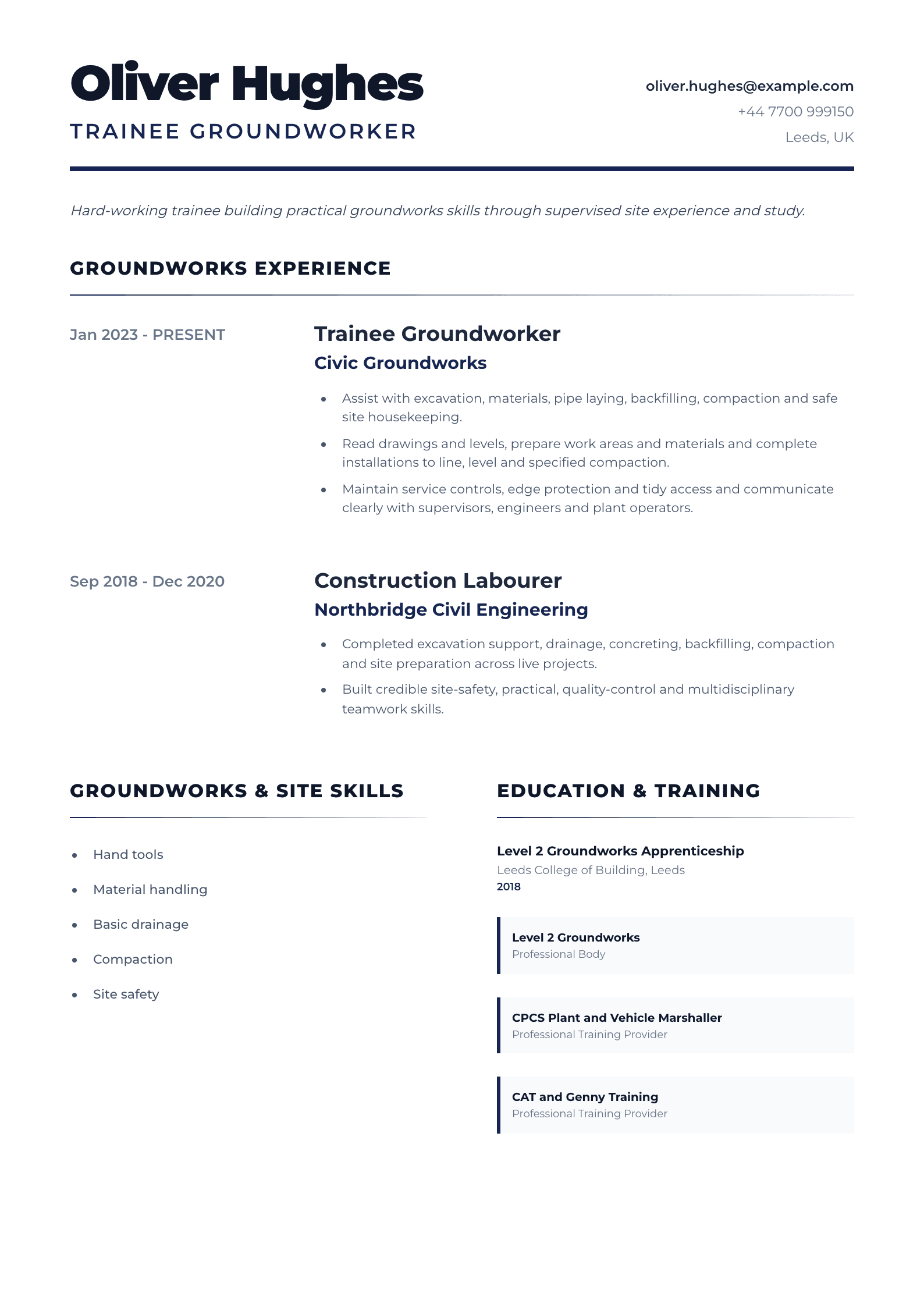 Trainee Groundworker CV template
