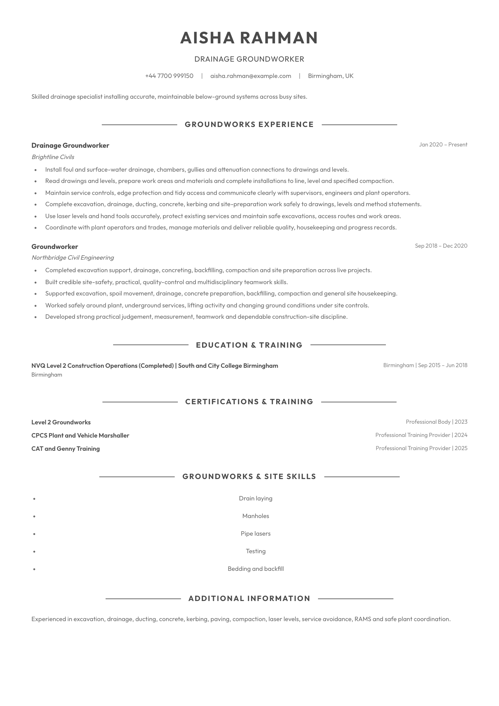 Drainage Groundworker CV template