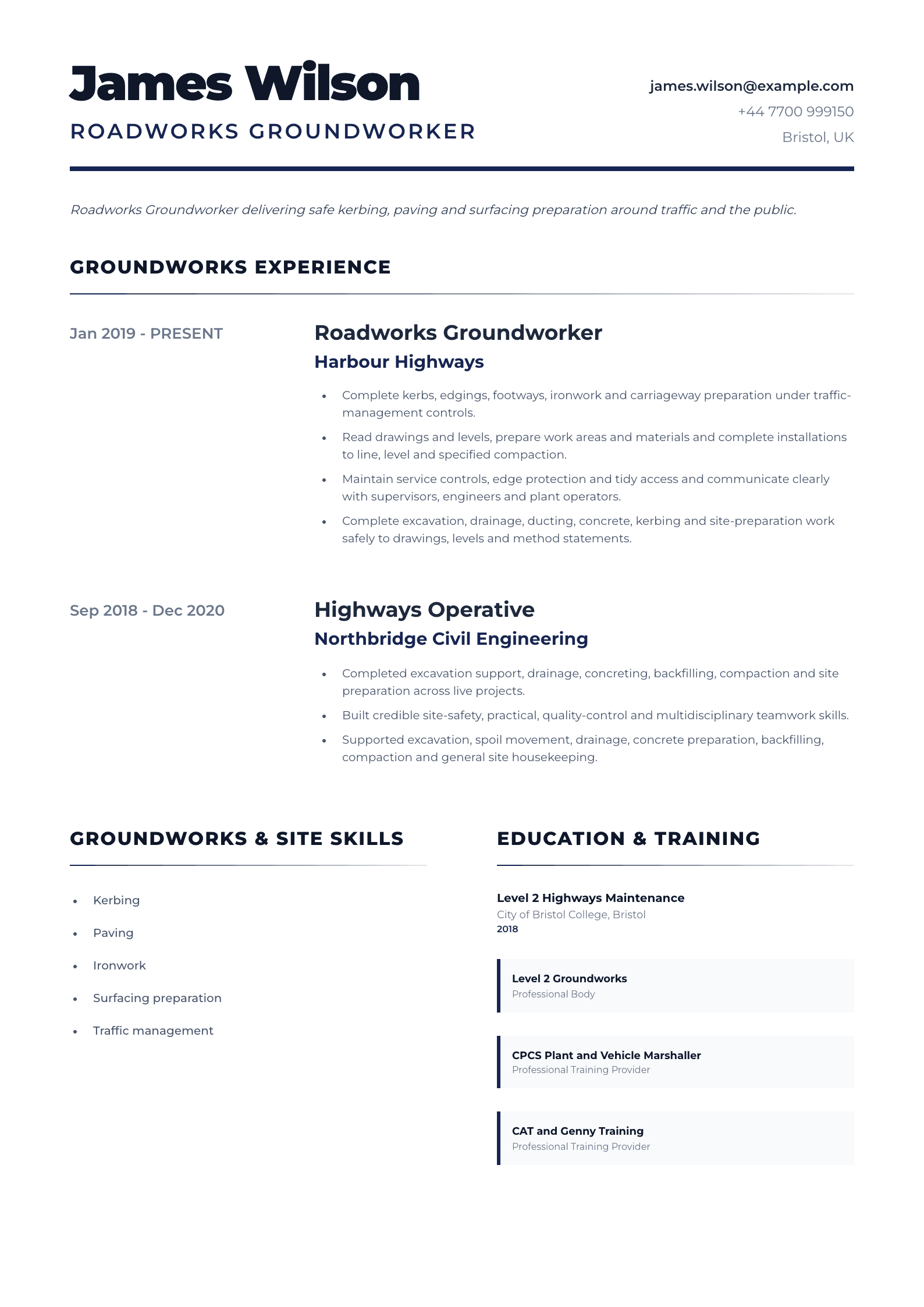 Roadworks Groundworker CV template