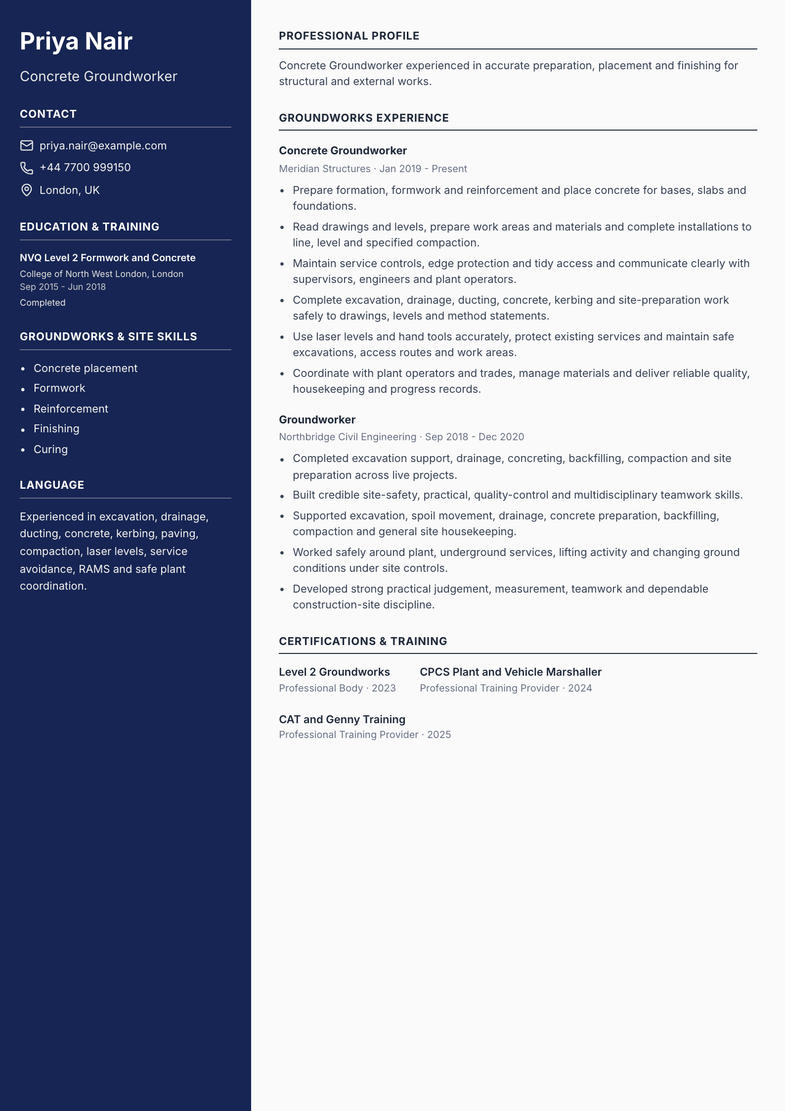 Concrete Groundworker CV template