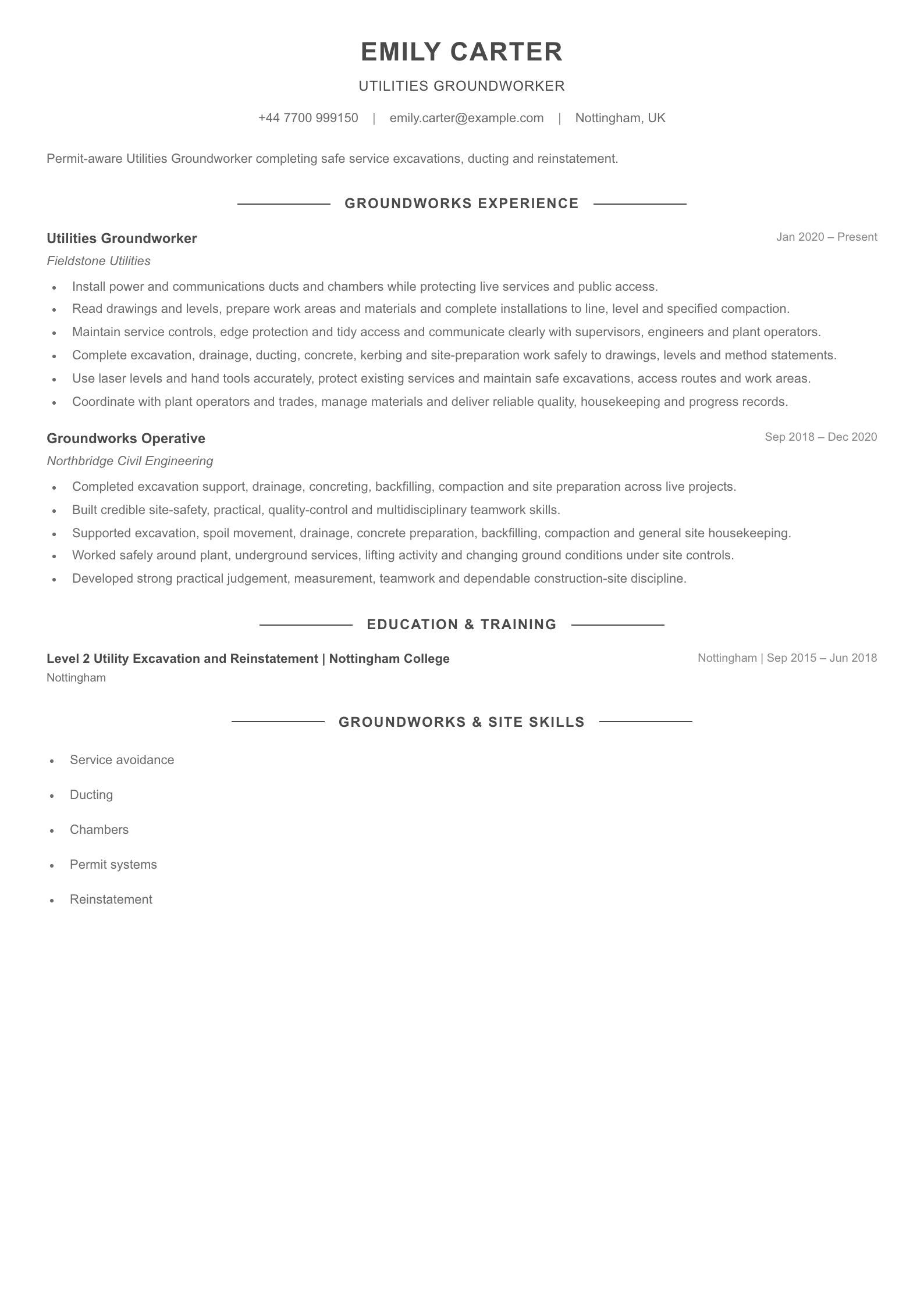 Utilities Groundworker CV template