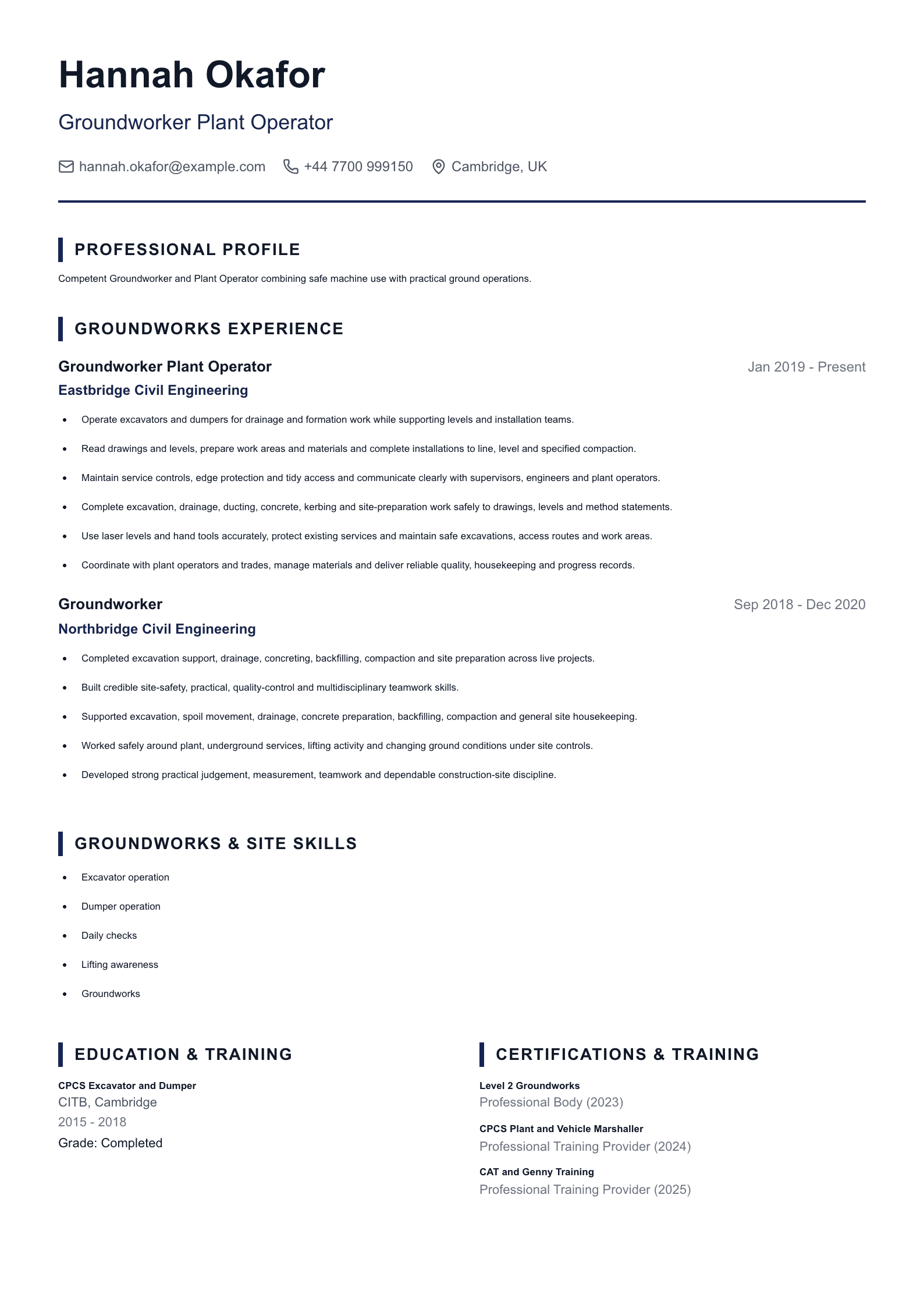 Groundworker Plant Operator CV template