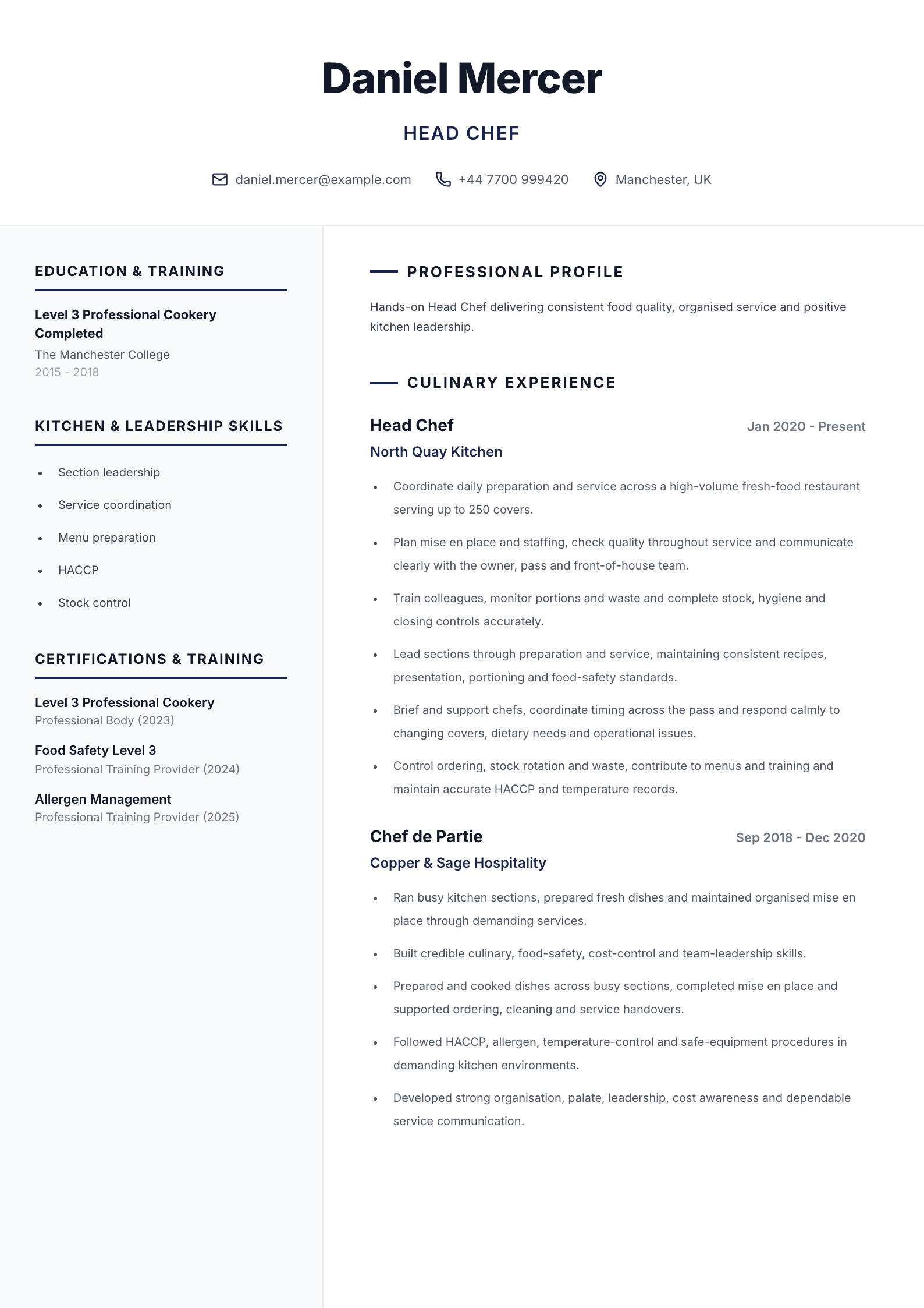 Head chef CV
