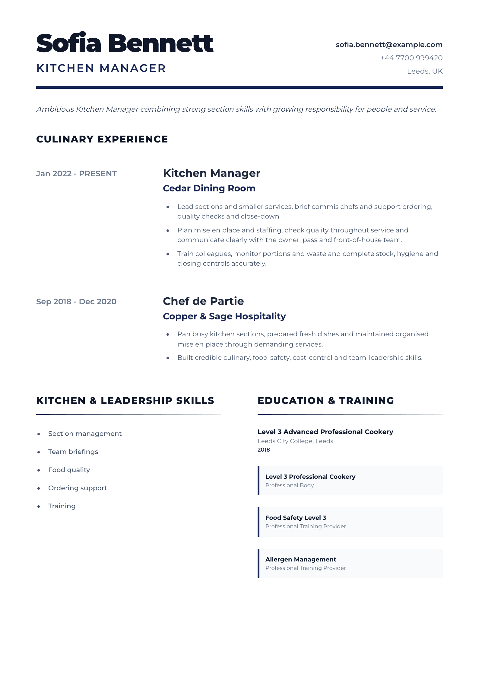 Kitchen Manager CV template