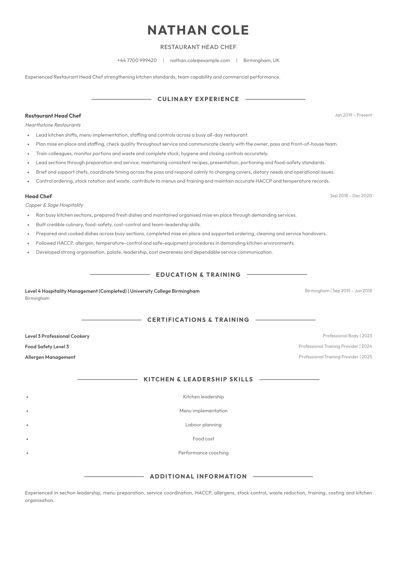 Restaurant Head Chef CV template