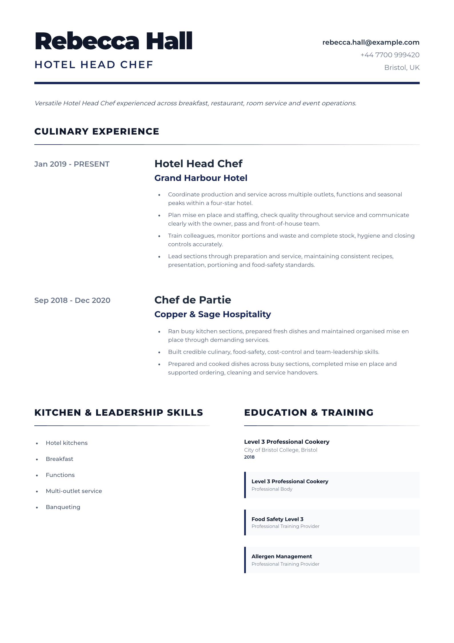 Hotel Head Chef CV template