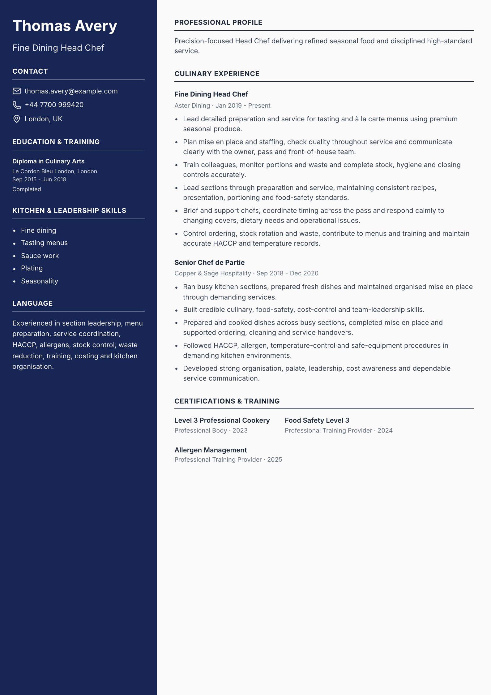 Fine Dining Head Chef CV template