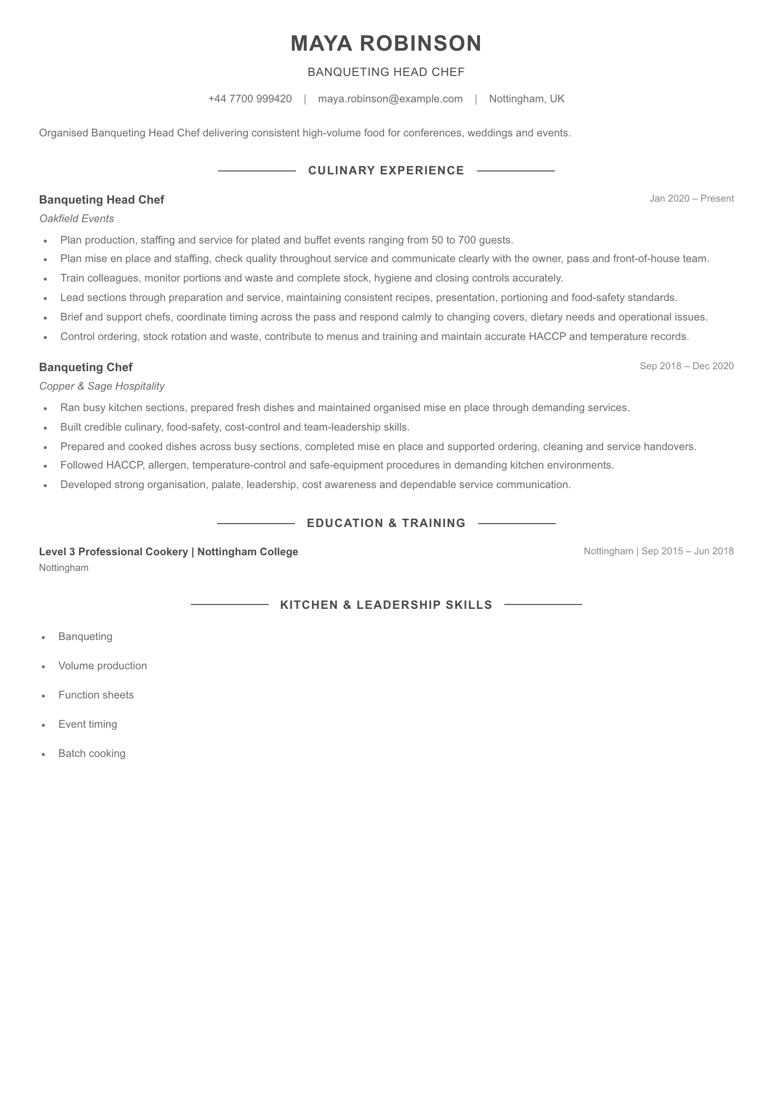 Banqueting Head Chef CV template