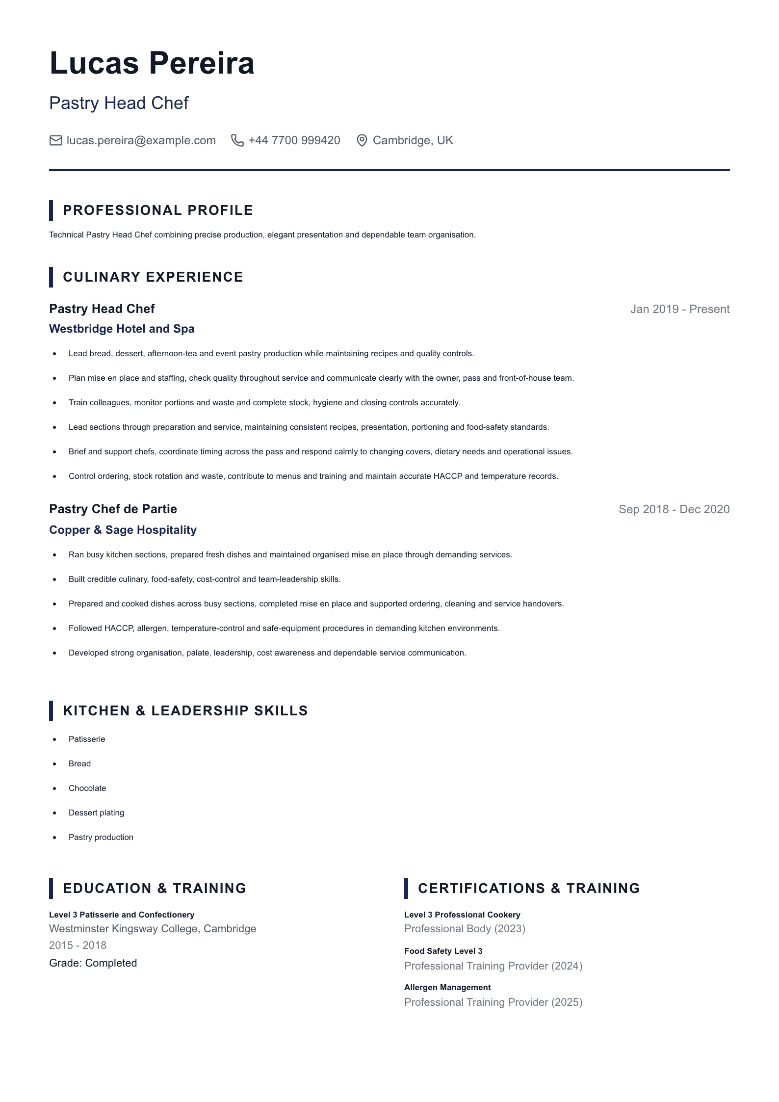 Pastry Head Chef CV template
