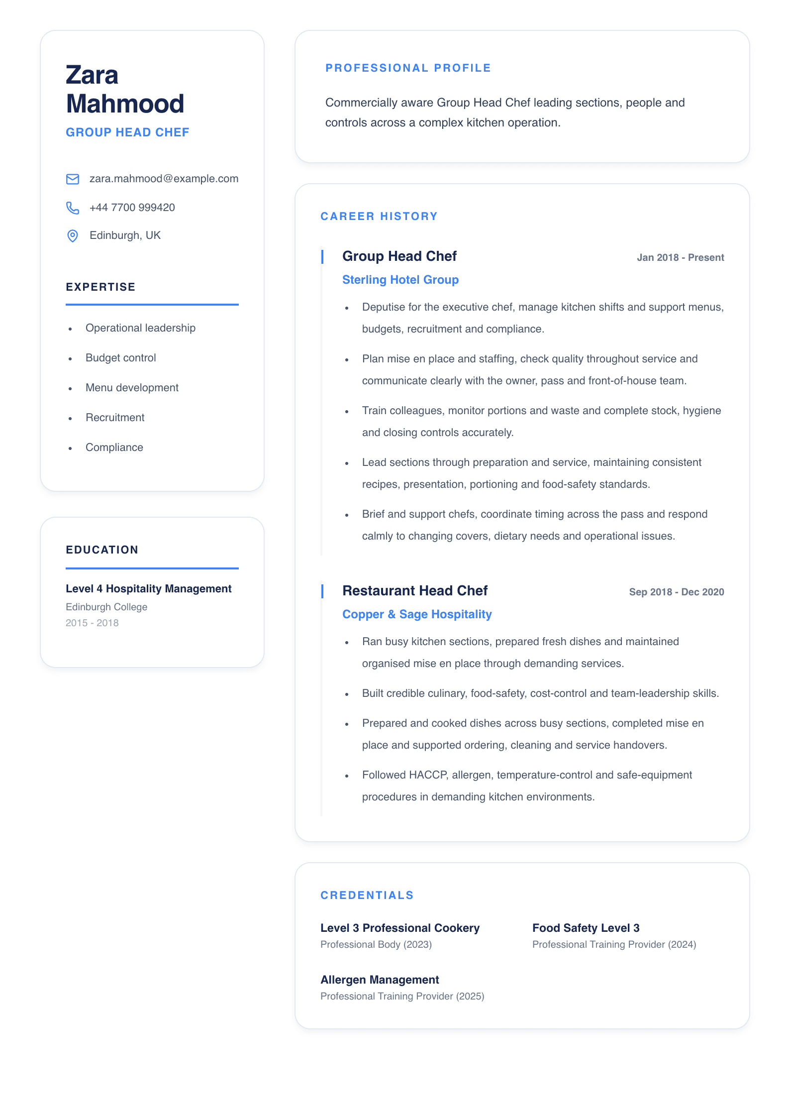 Group Head Chef CV template