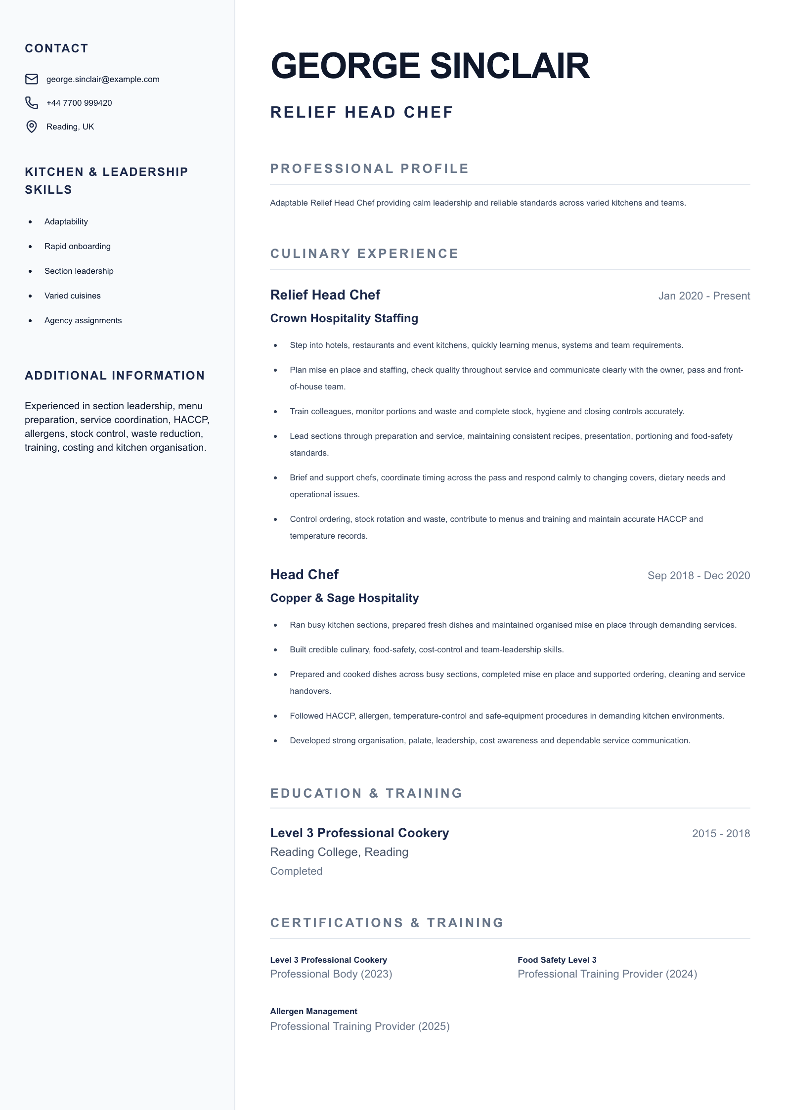 Relief Head Chef CV template