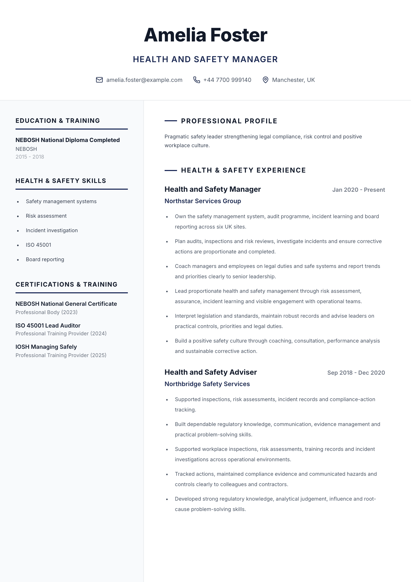 Health and safety manager CV