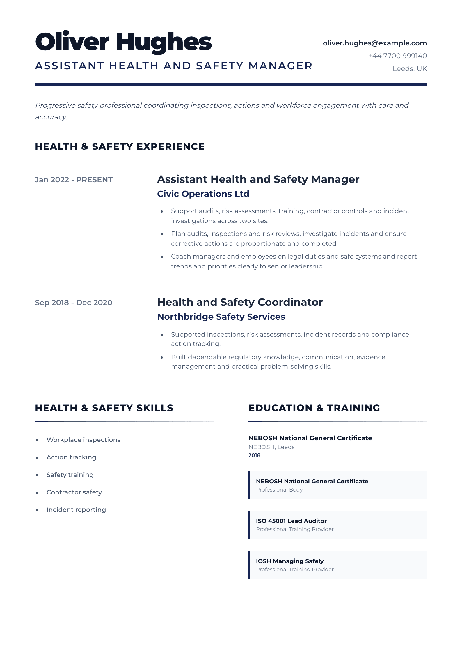 Assistant Health and Safety Manager CV template