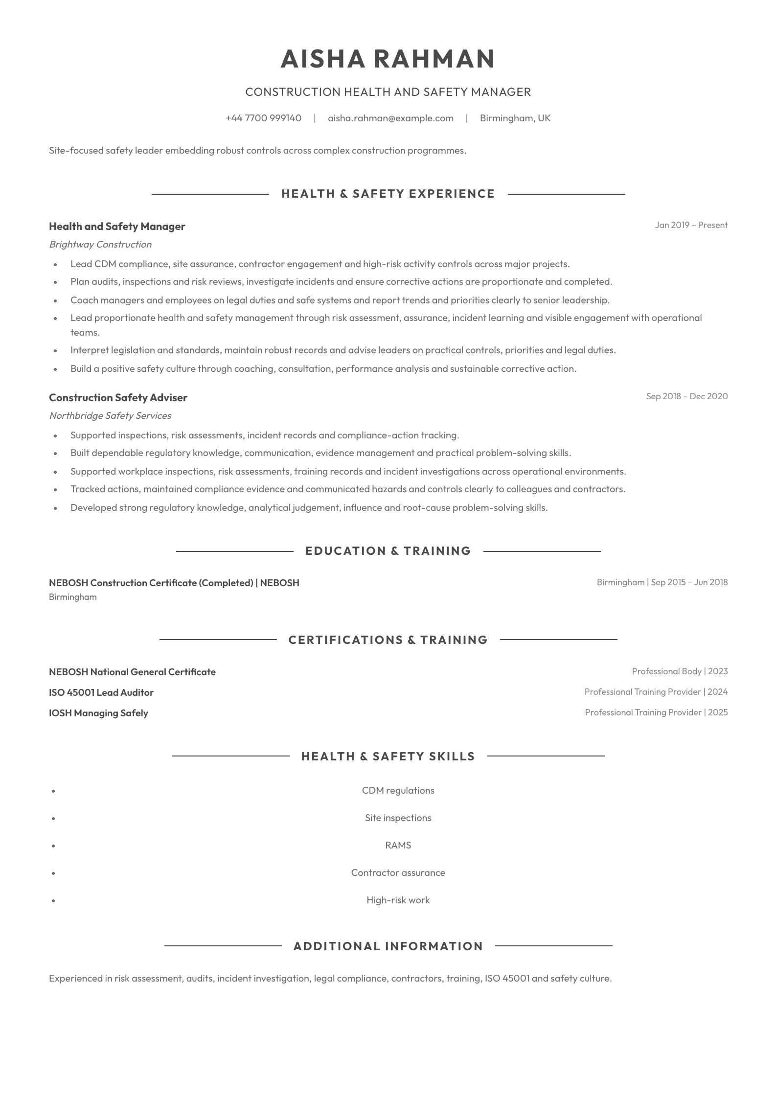 Construction Health and Safety Manager CV template