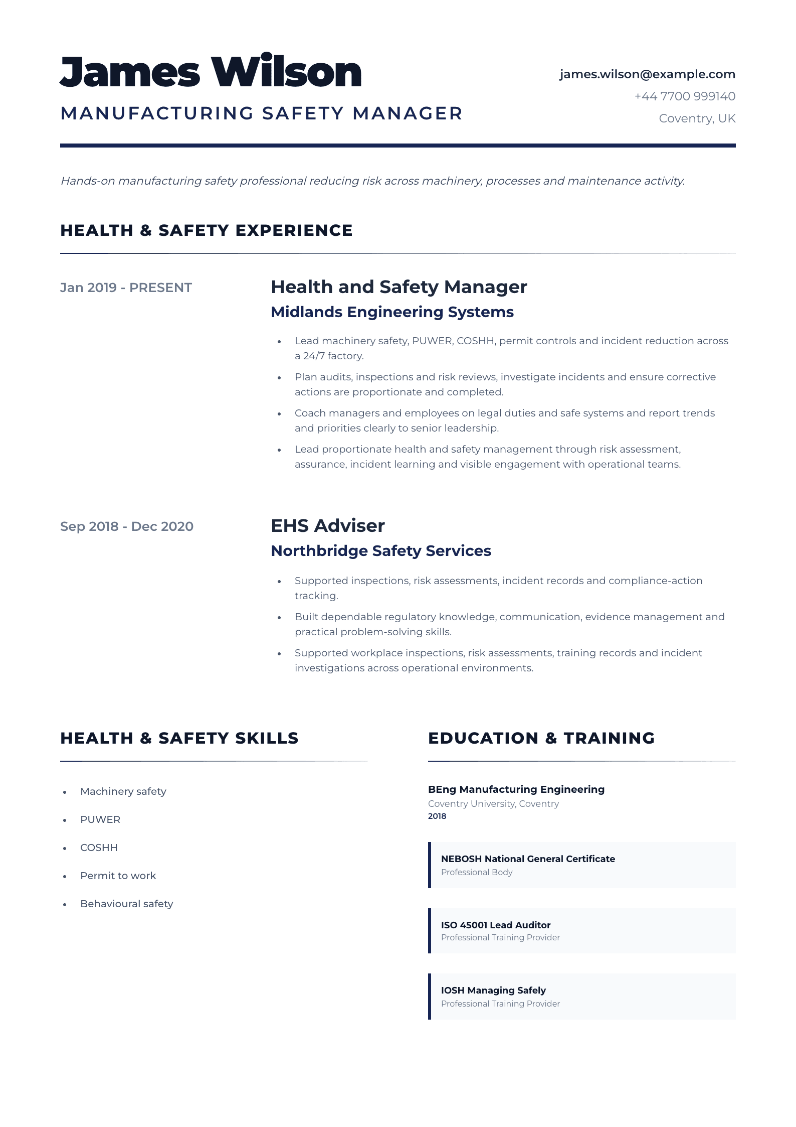 Manufacturing Safety Manager CV template