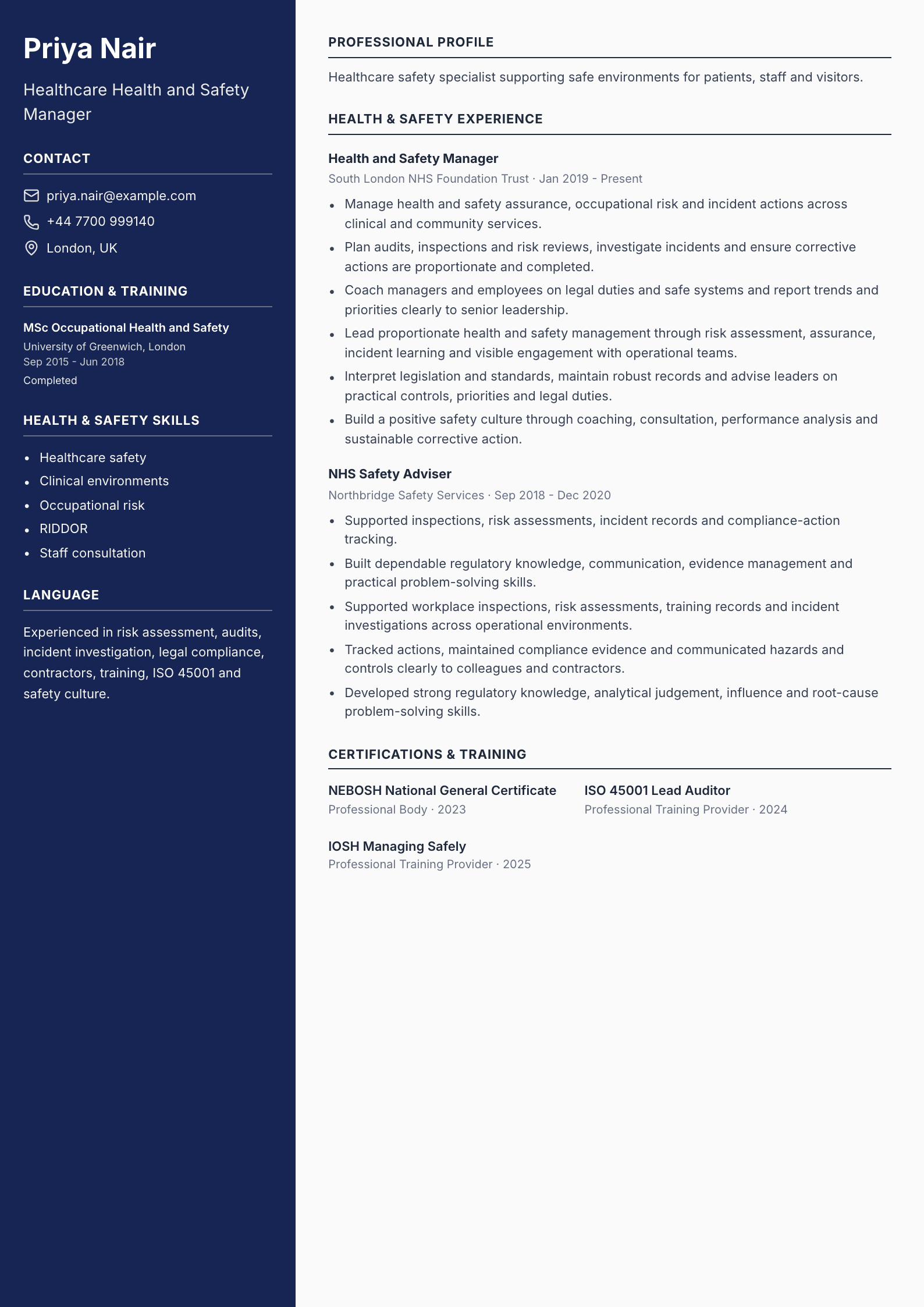 Healthcare Health and Safety Manager CV template
