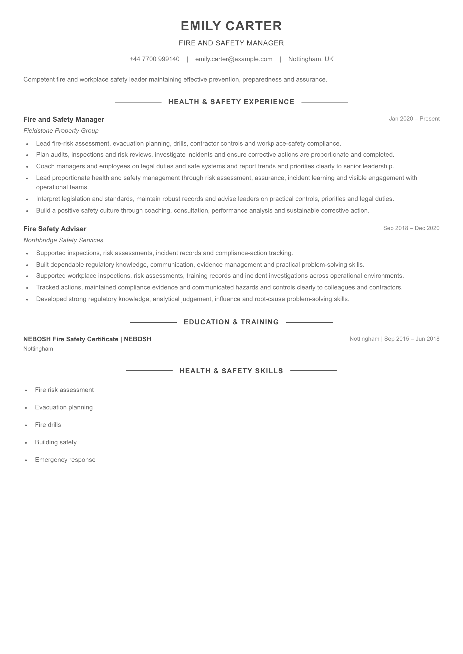 Fire and Safety Manager CV template