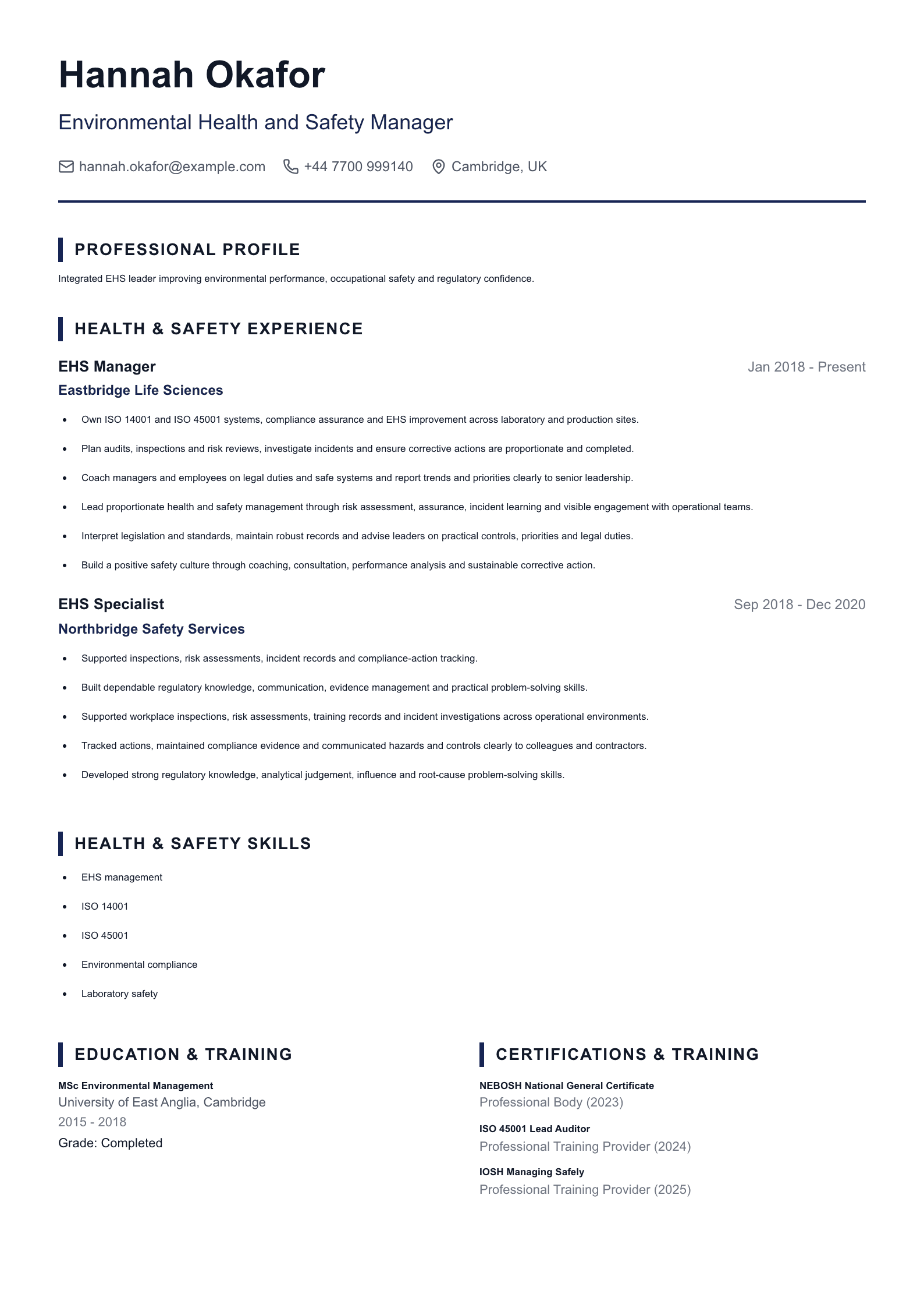 EHS Manager CV template
