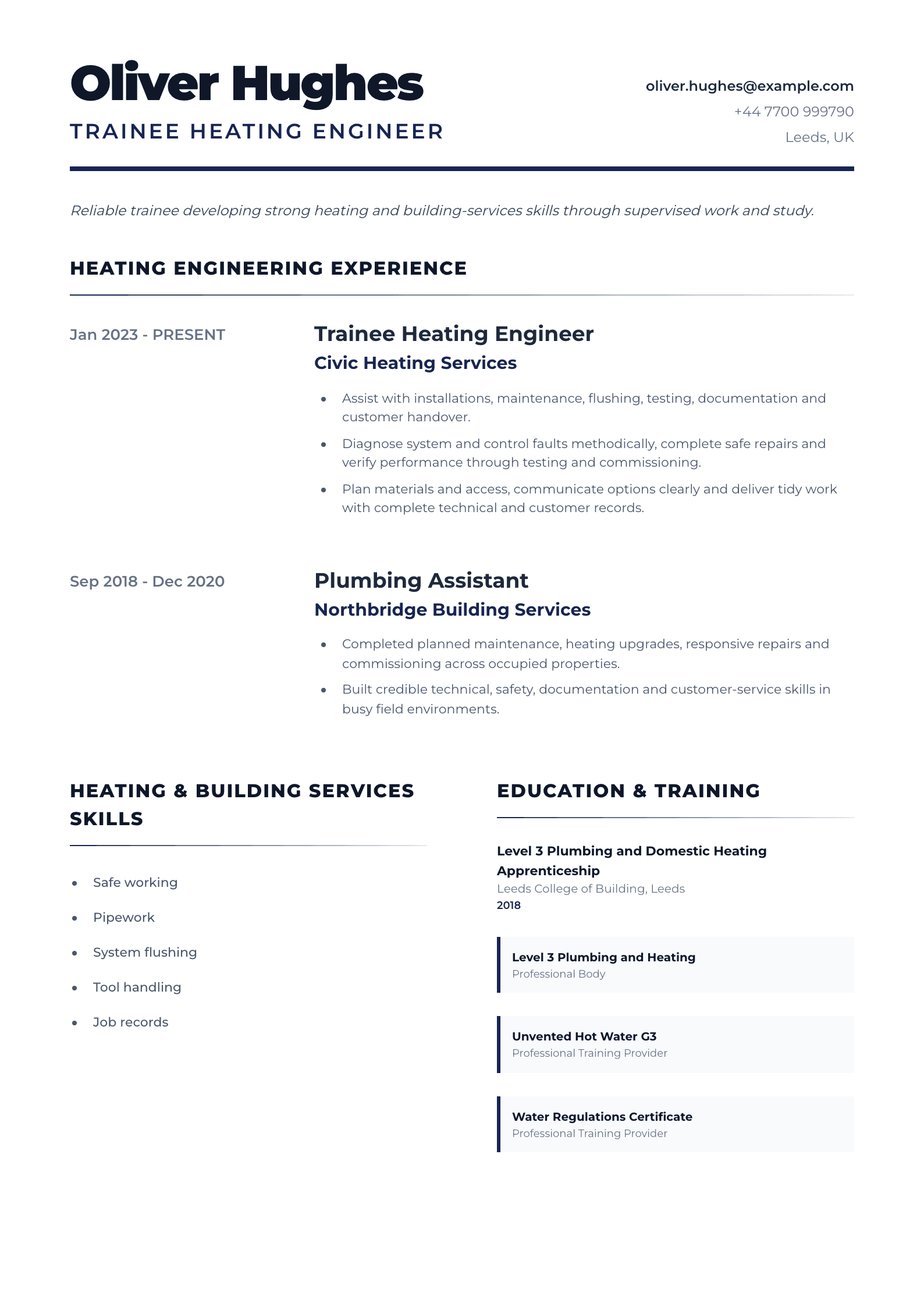 Trainee Heating Engineer CV template