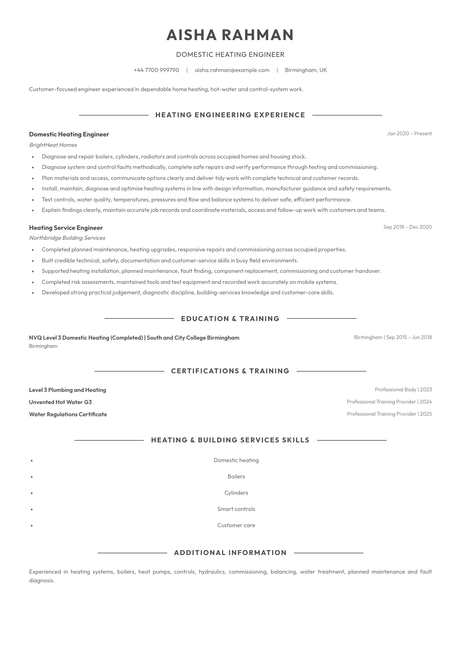 Domestic Heating Engineer CV template