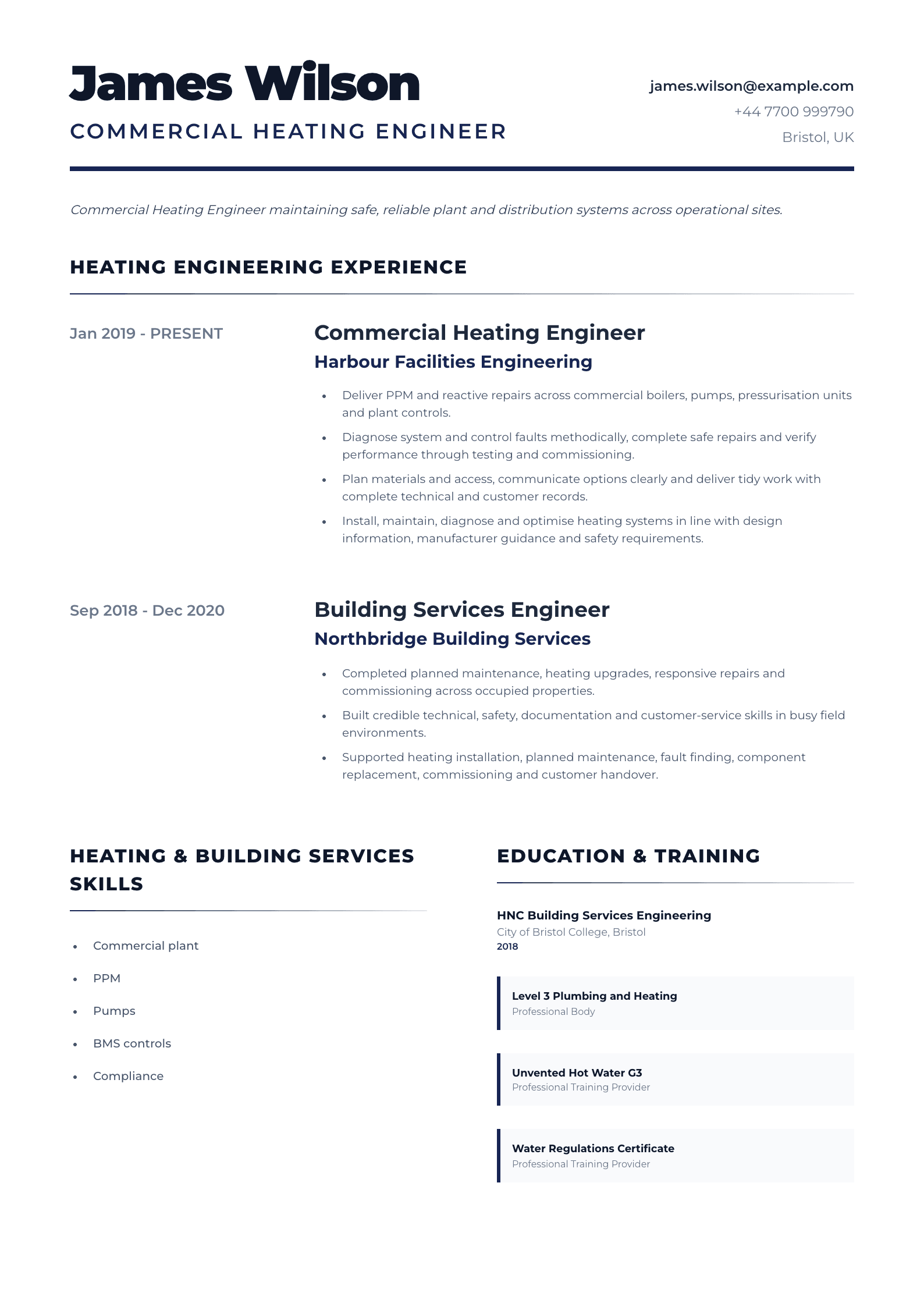 Commercial Heating Engineer CV template