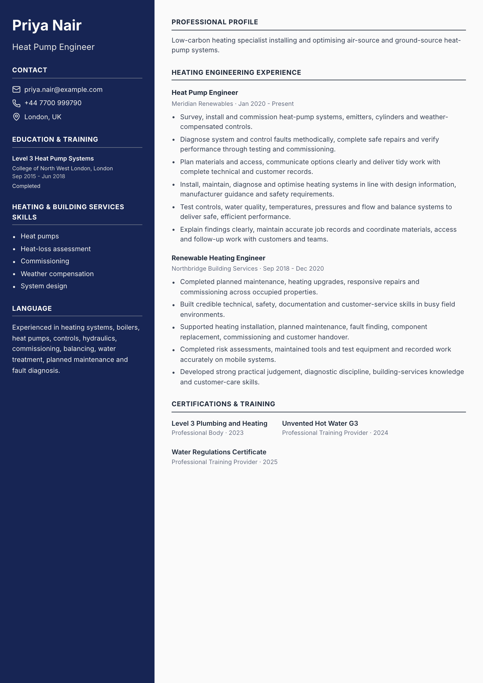 Heat Pump Engineer CV template