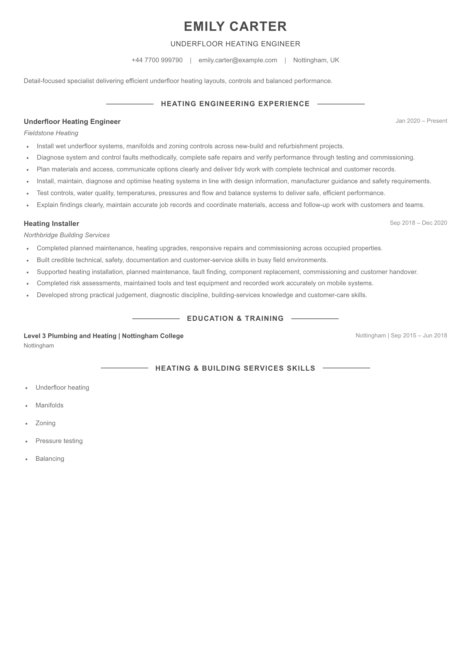 Underfloor Heating Engineer CV template