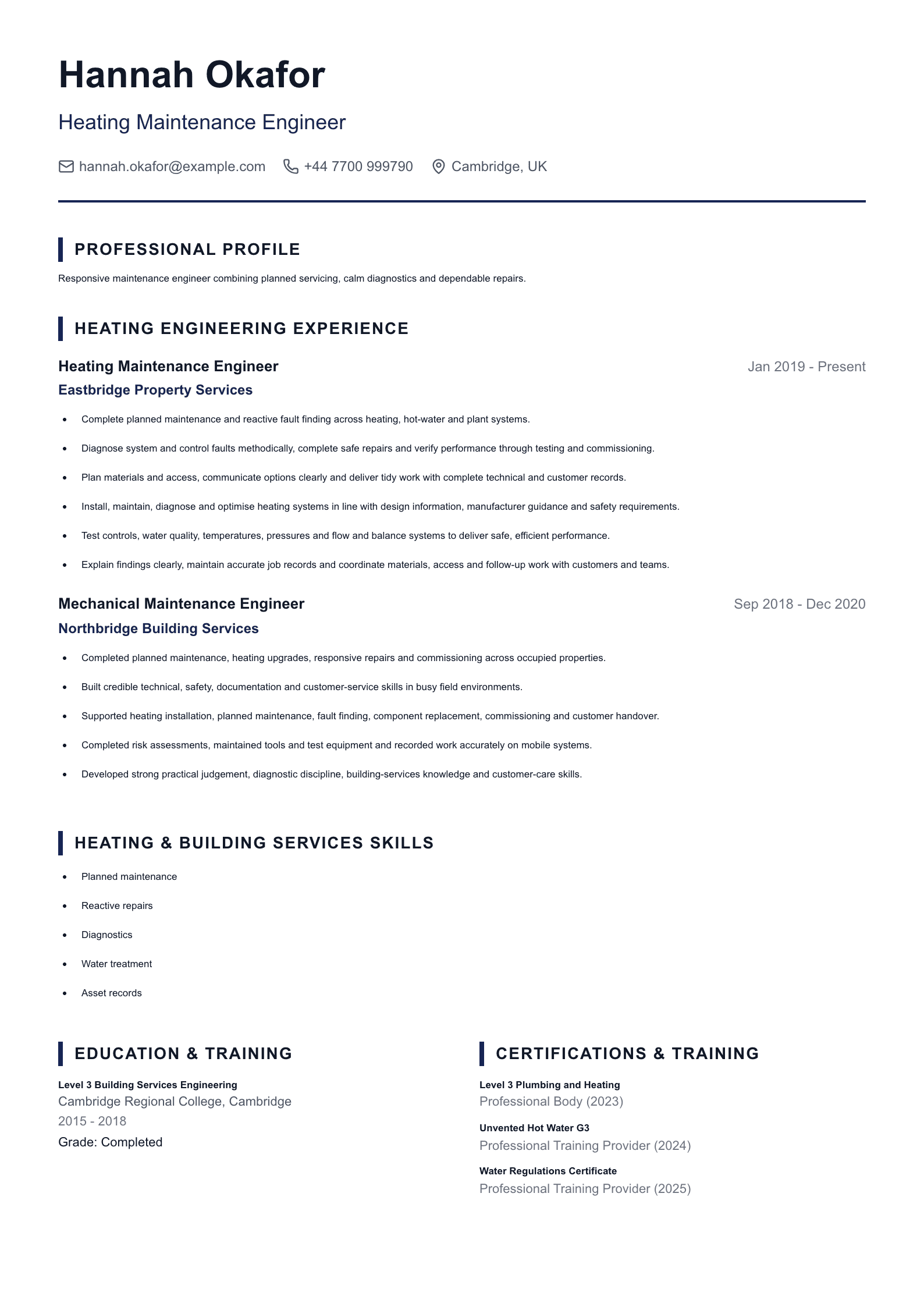 Heating Maintenance Engineer CV template