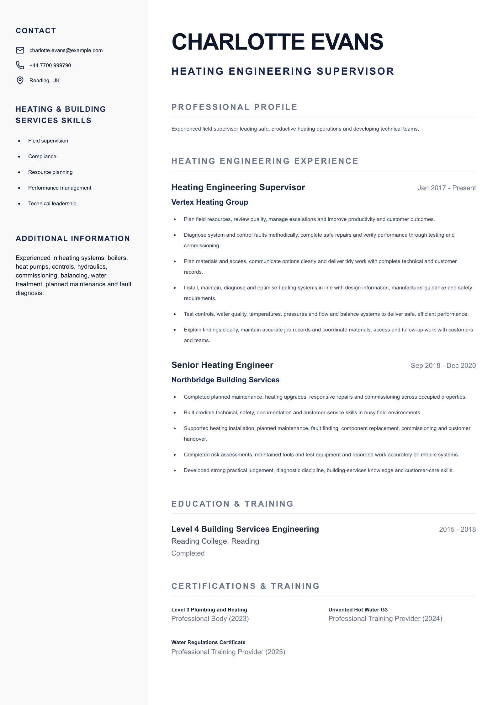 Heating Engineering Supervisor CV template