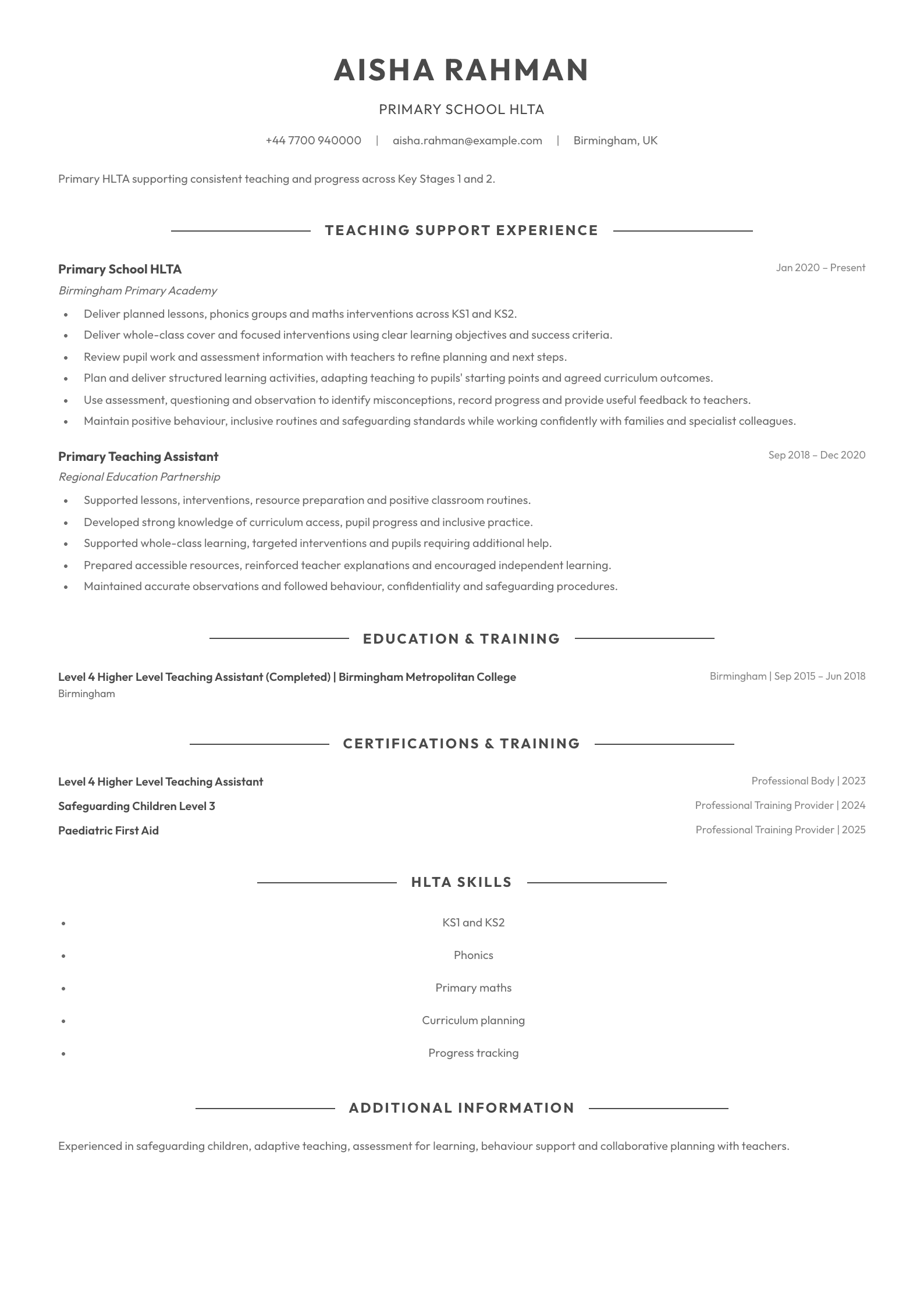 Primary School HLTA CV template