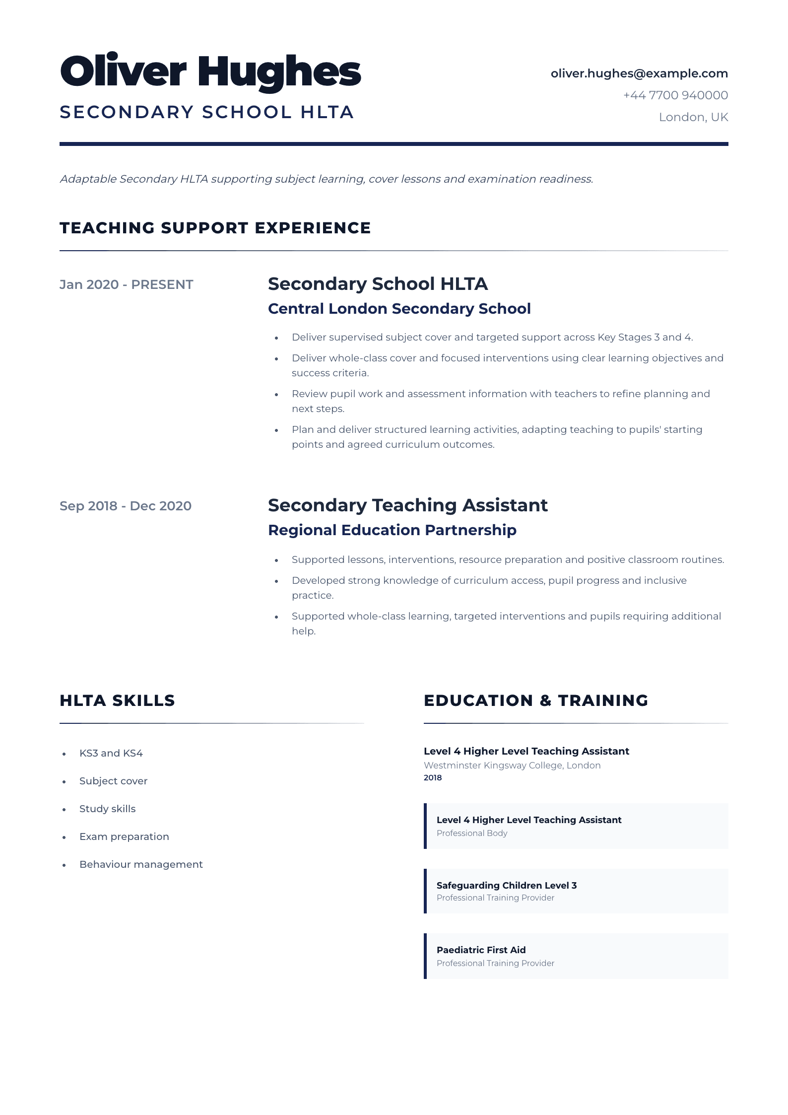 Secondary School HLTA CV template