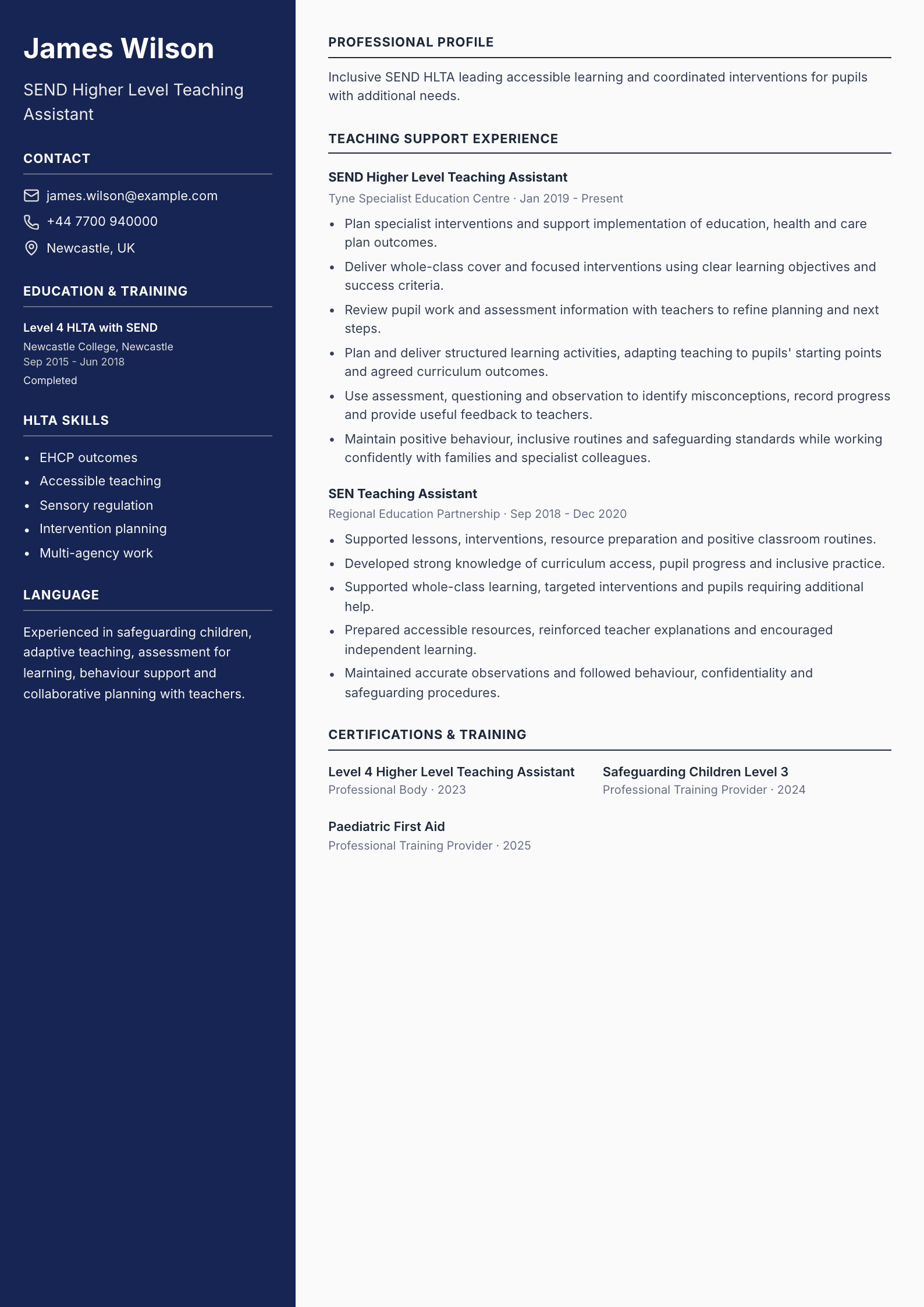 SEND Higher Level Teaching Assistant CV template