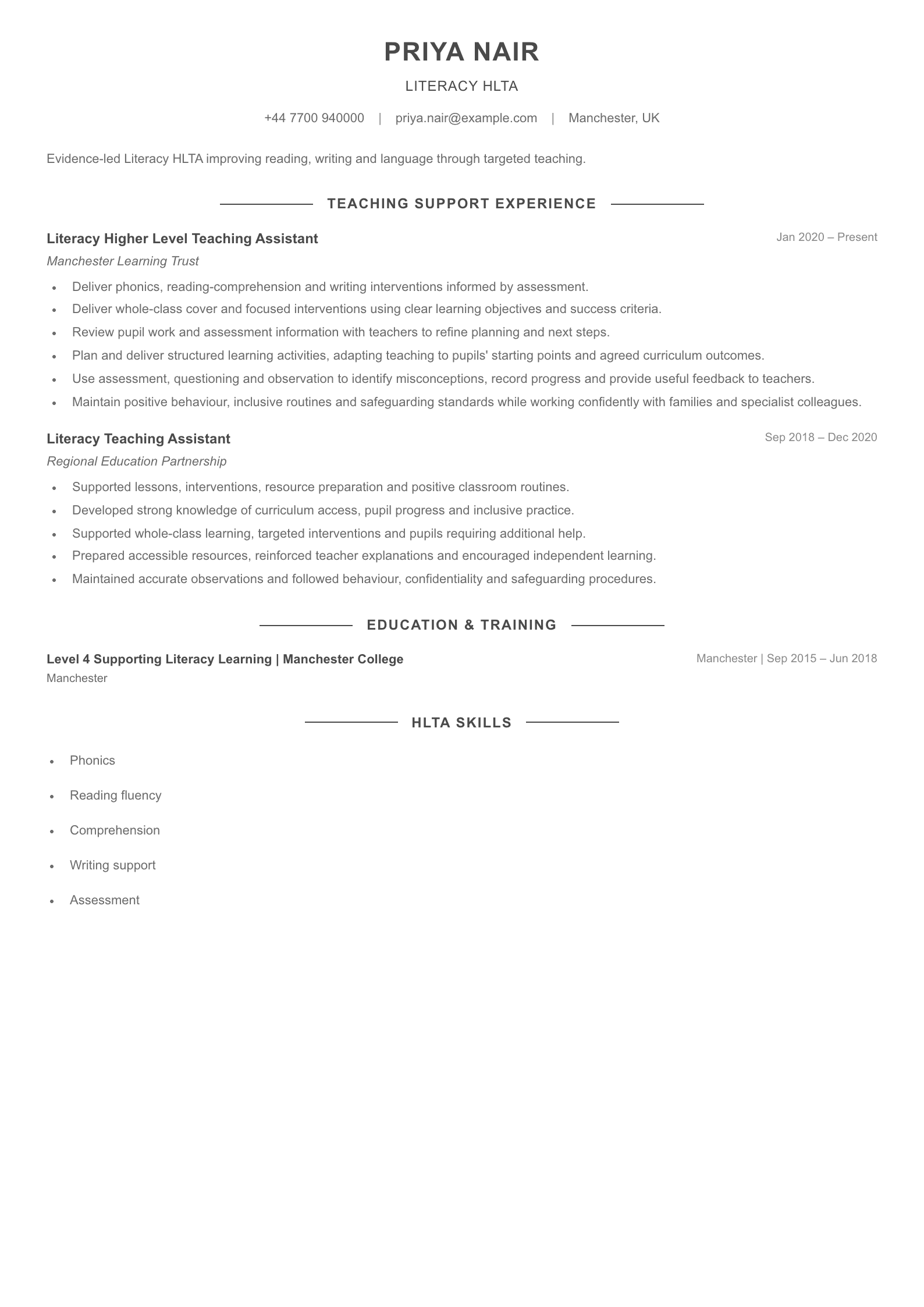 Literacy HLTA CV template