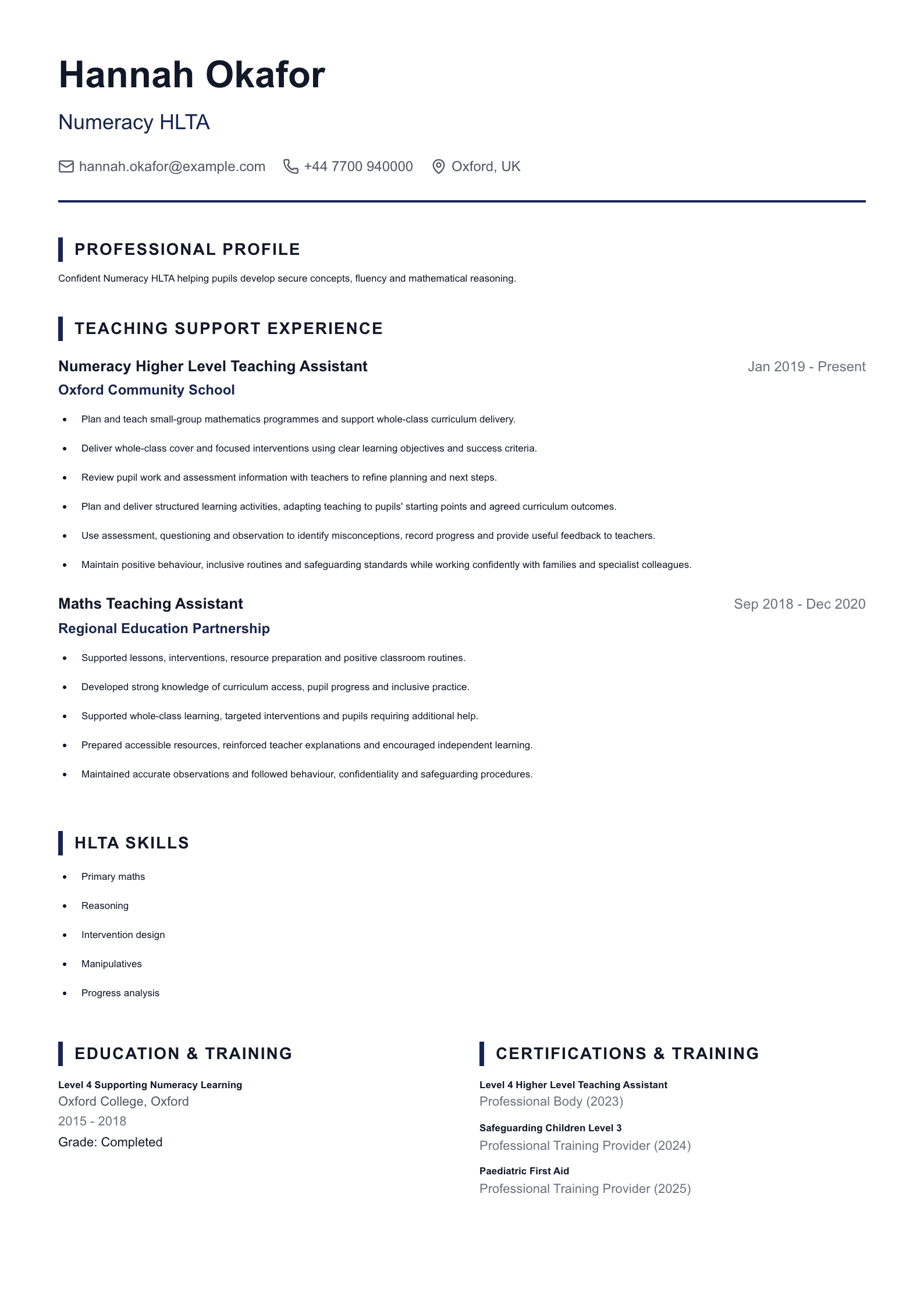 Numeracy HLTA CV template