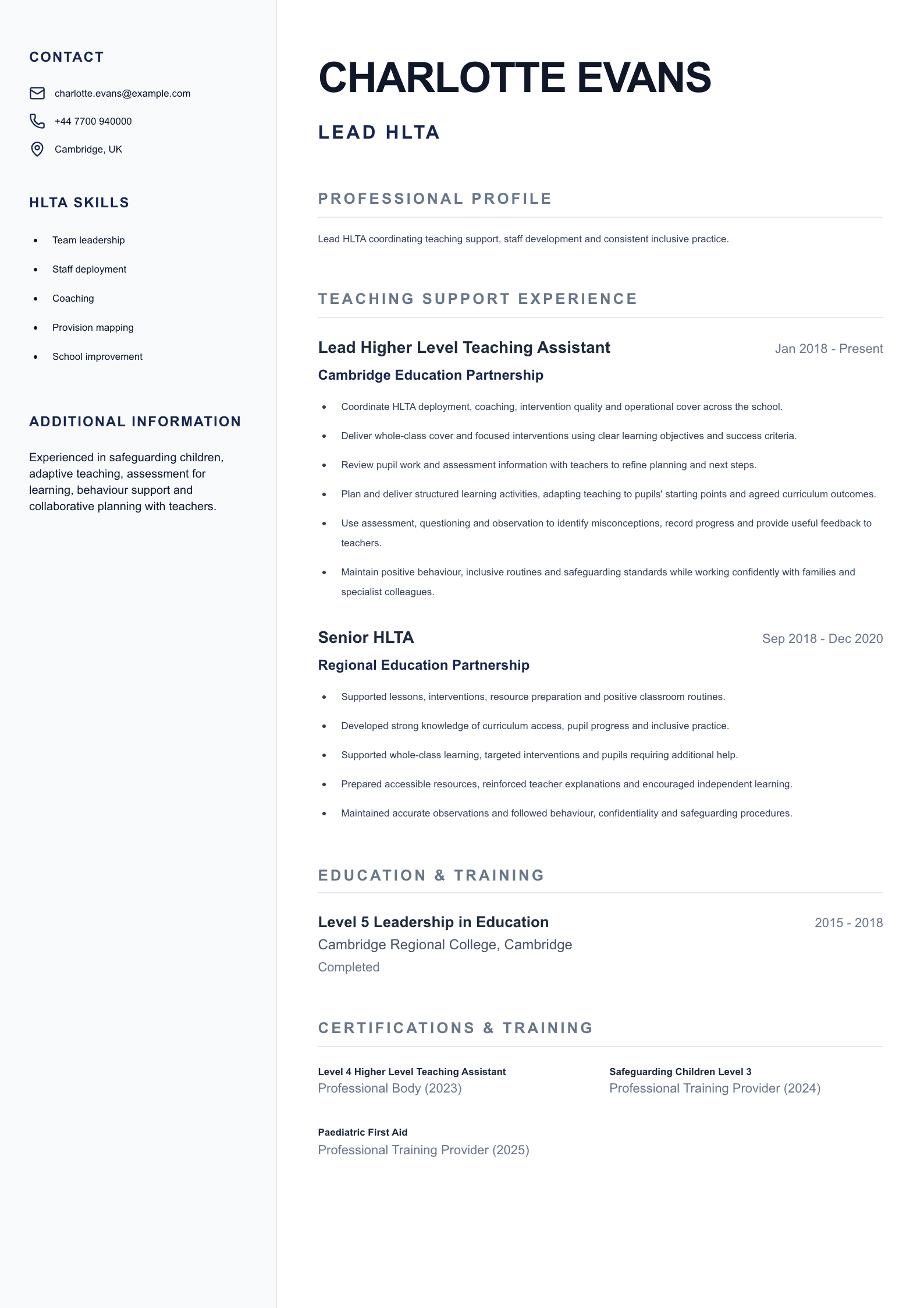 Lead HLTA CV template