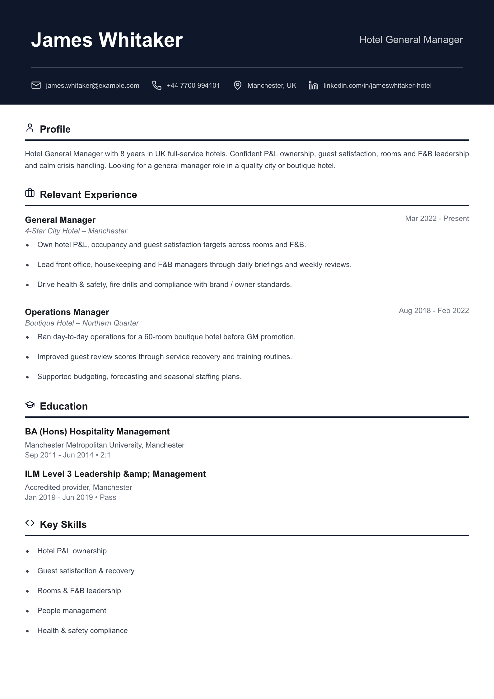 Hotel general manager CV template