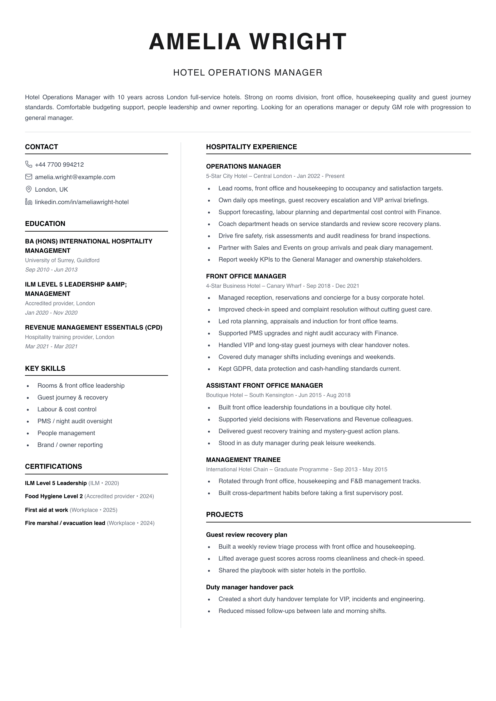 hotel operations manager CV template