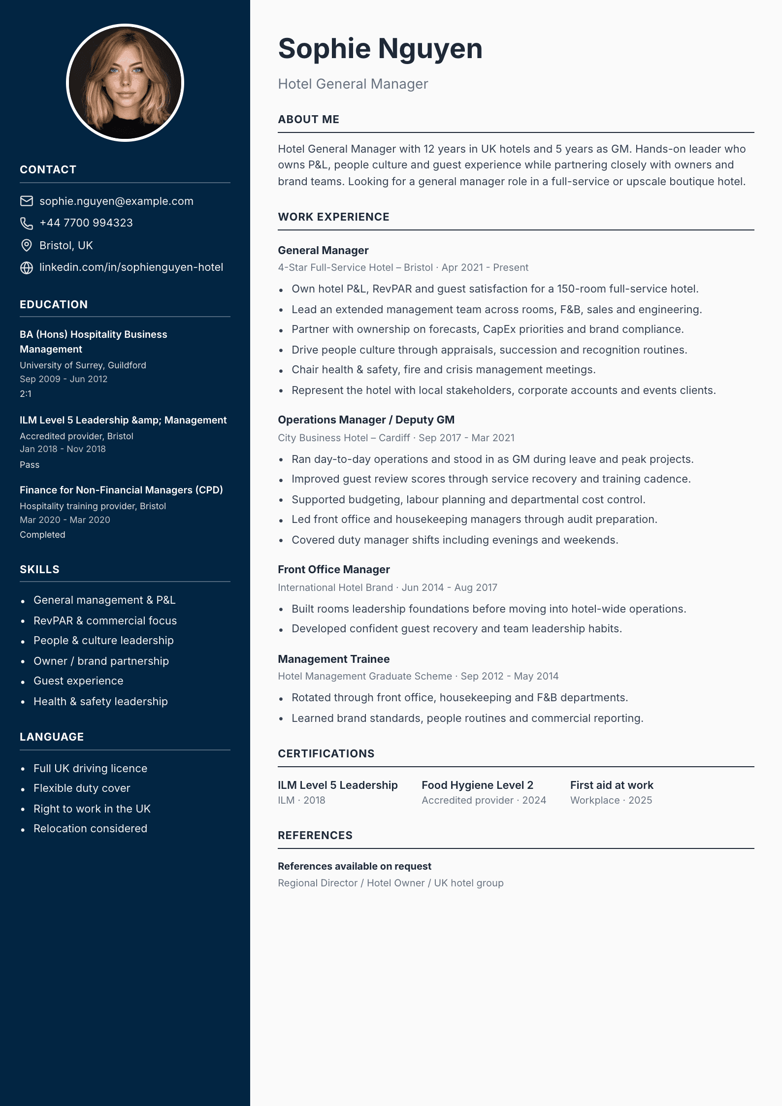 Hotel general manager CV template
