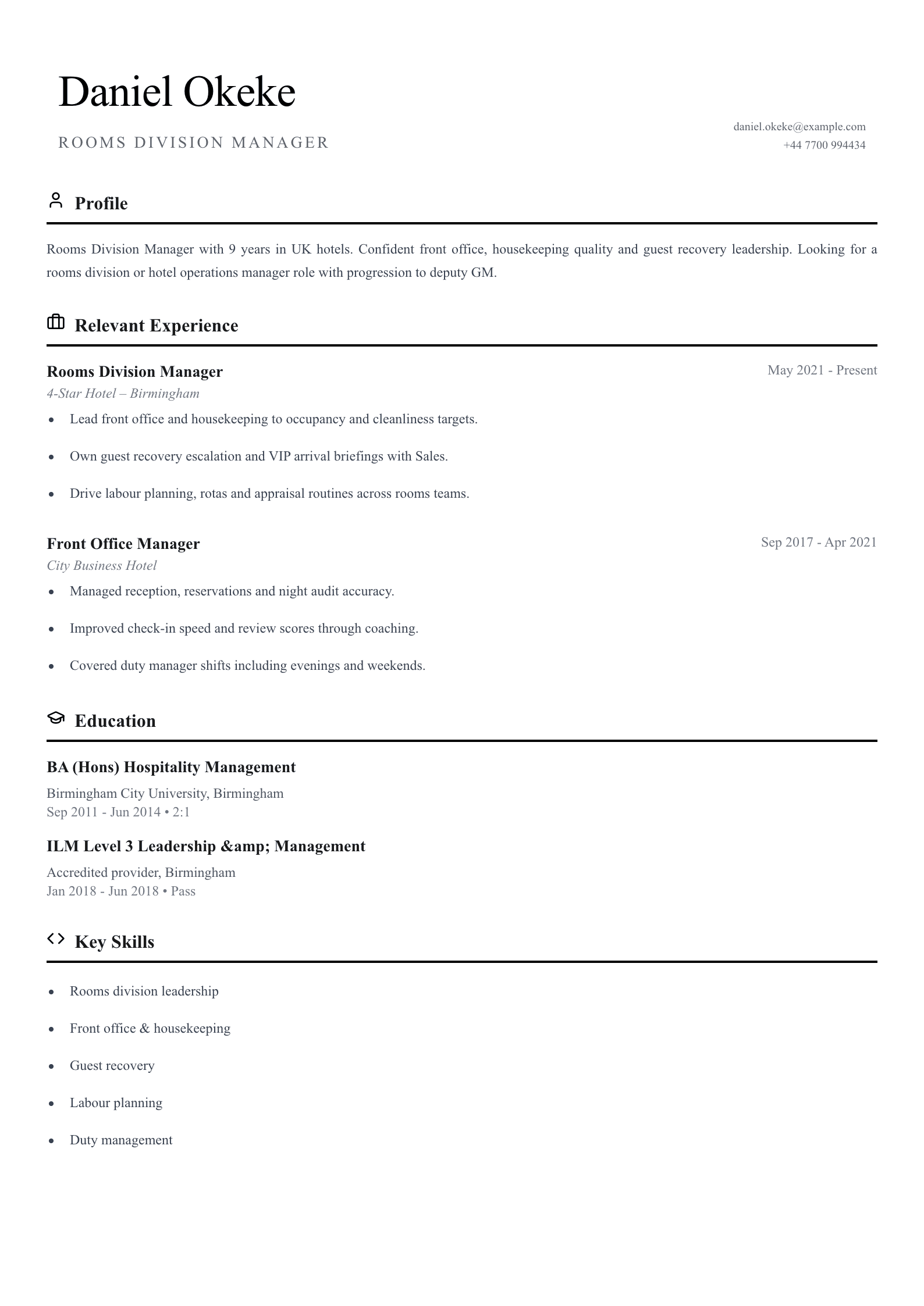 Rooms division manager CV template