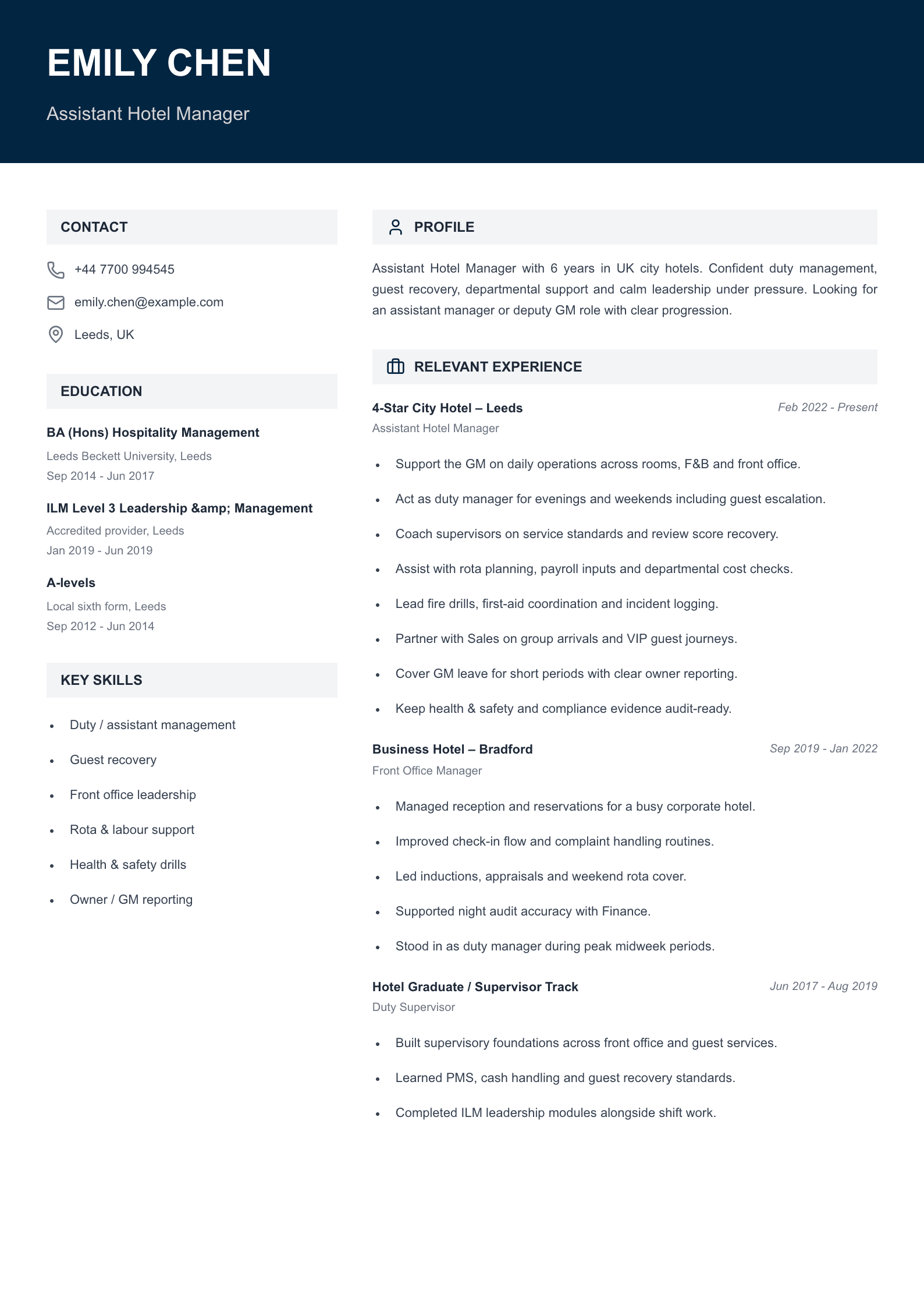assistant hotel manager CV template