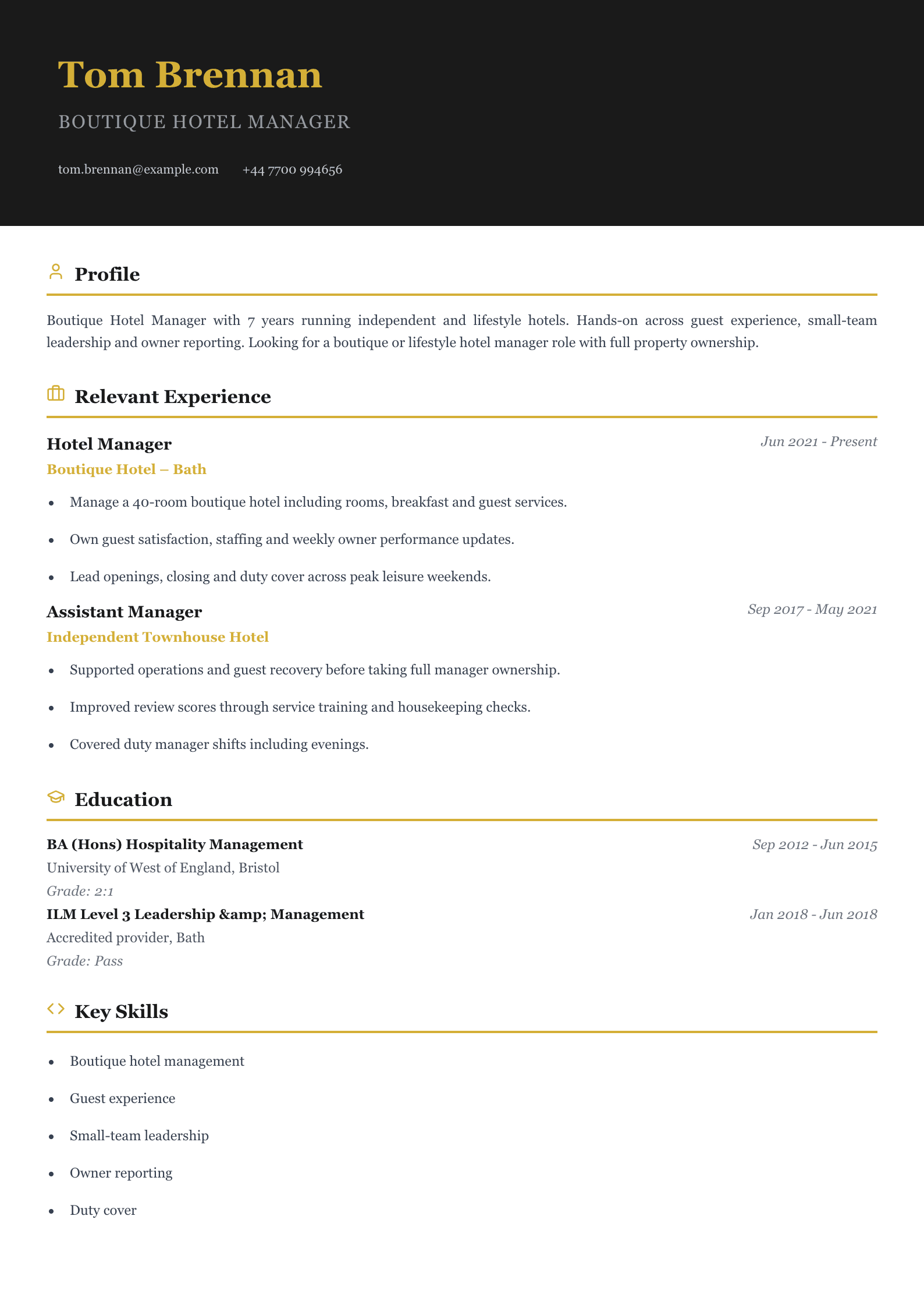 boutique hotel manager CV template