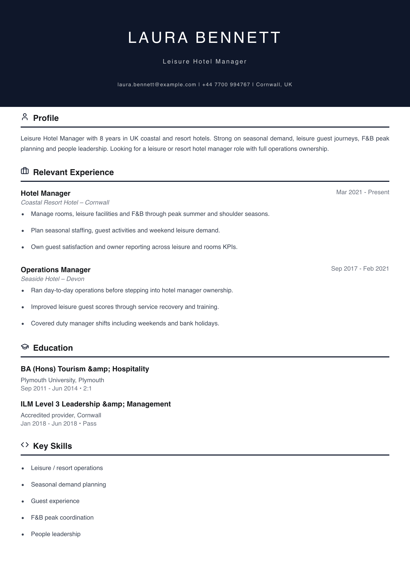 leisure hotel manager CV template