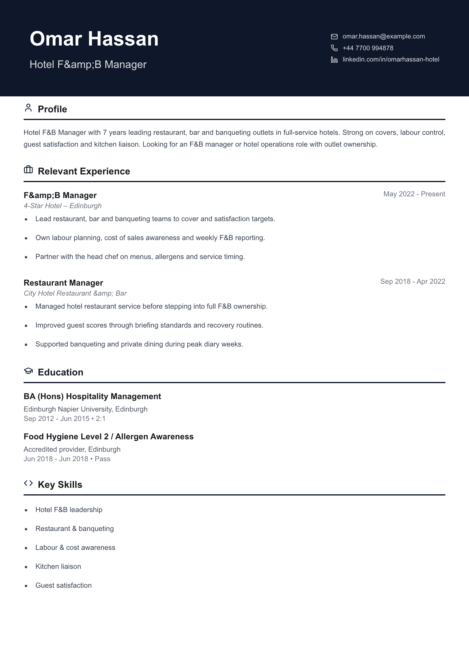 hotel F&B manager CV template