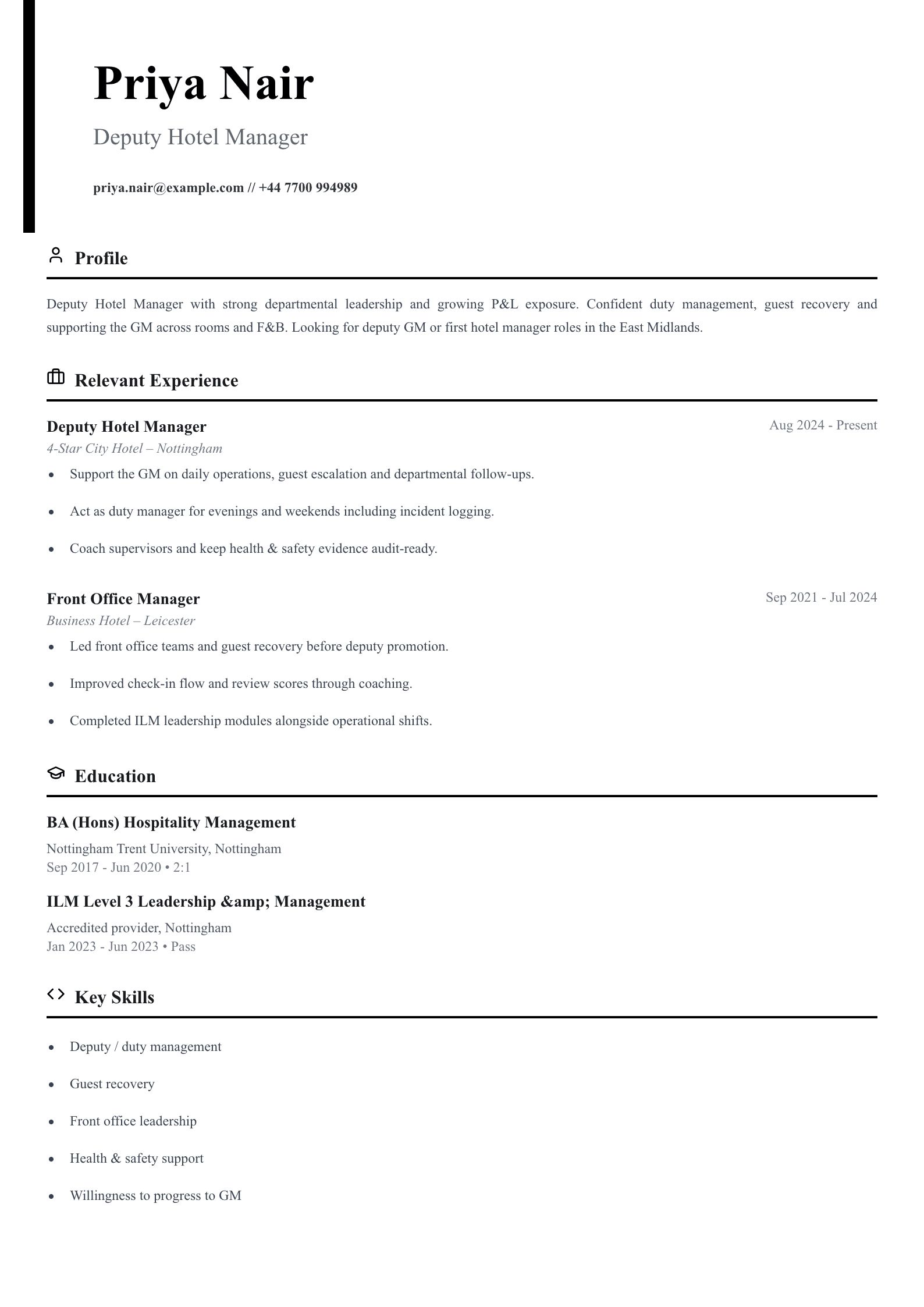 deputy hotel manager CV template