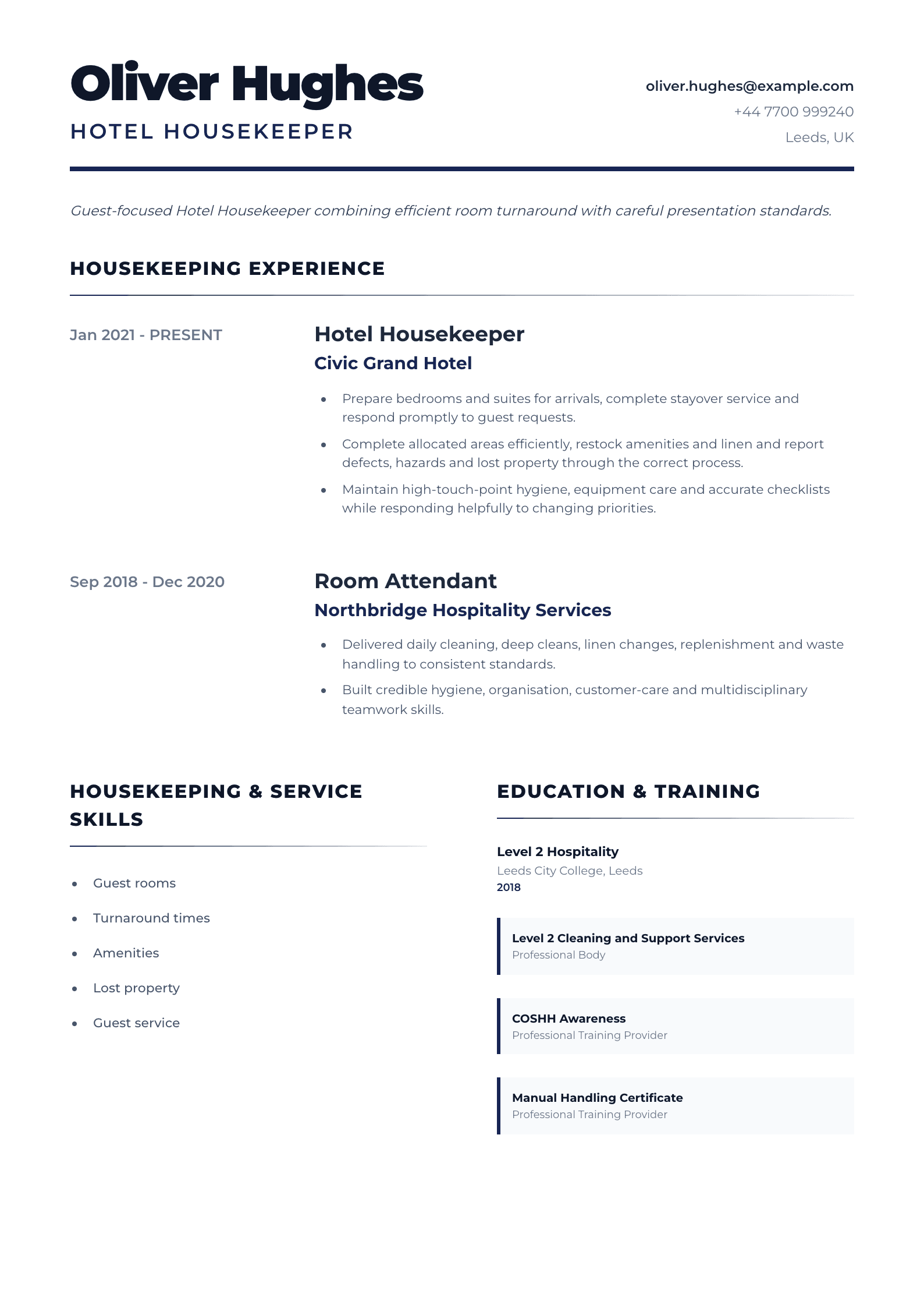 Hotel Housekeeper CV template