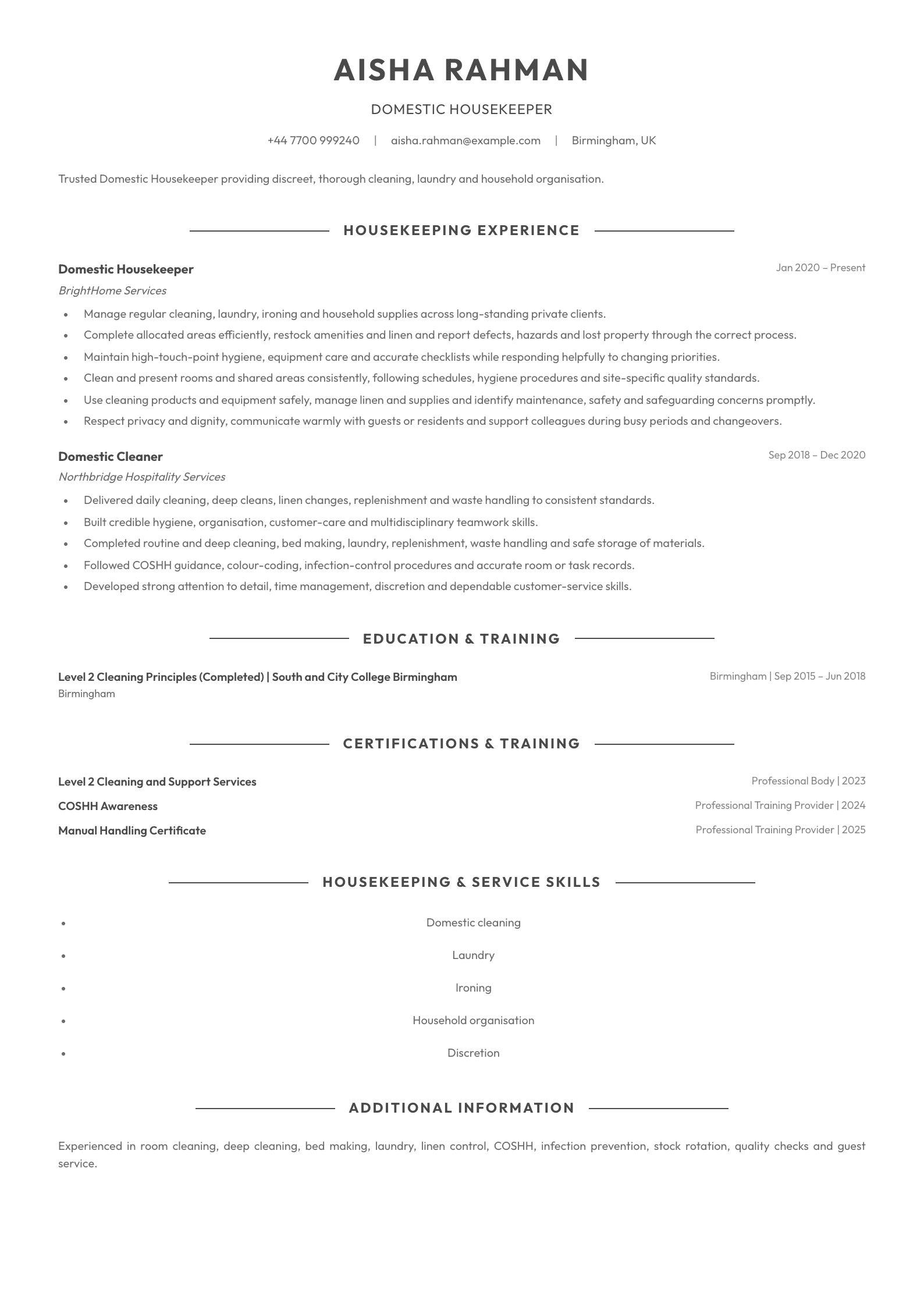 Domestic Housekeeper CV template