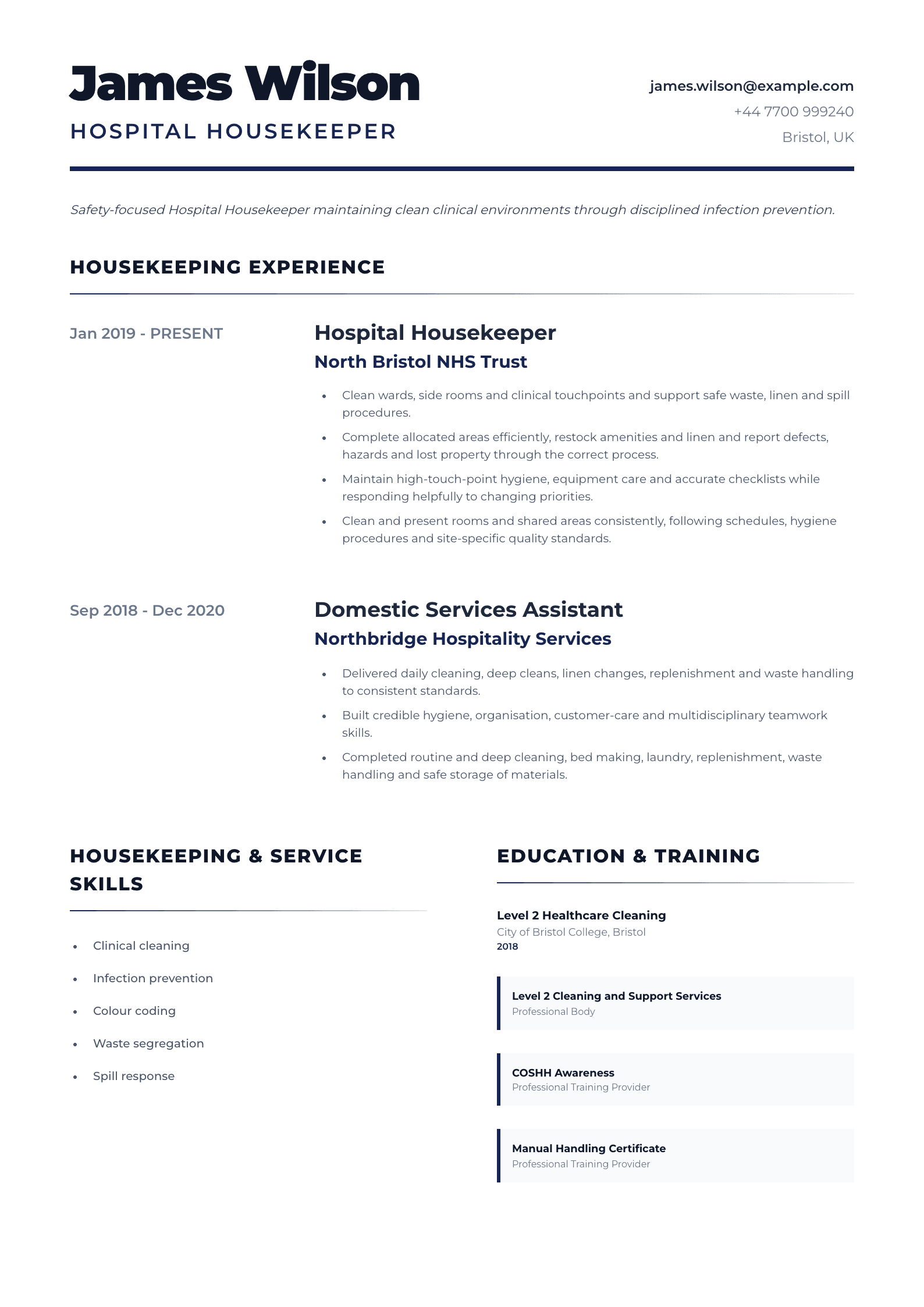 Hospital Housekeeper CV template
