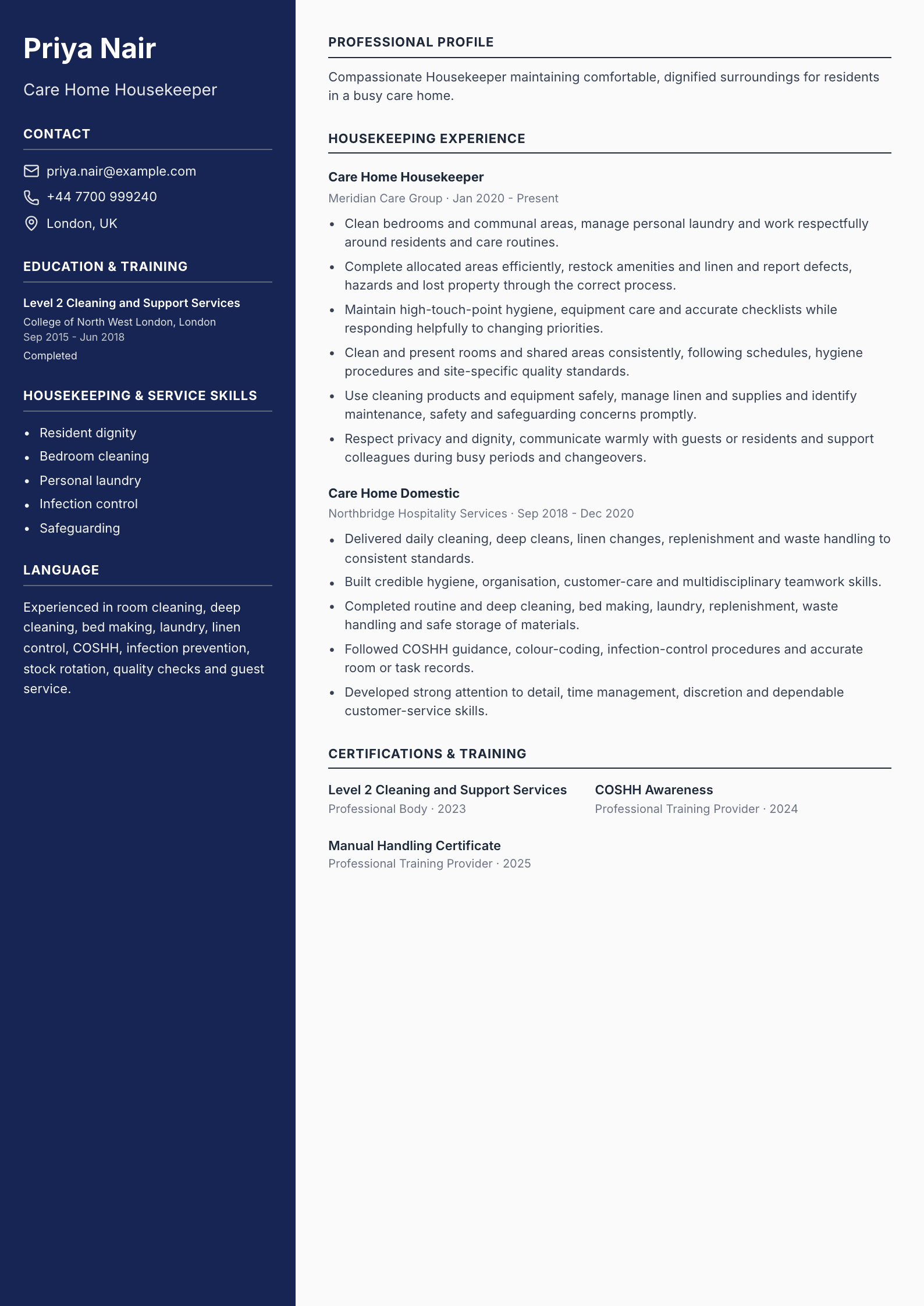 Care Home Housekeeper CV template