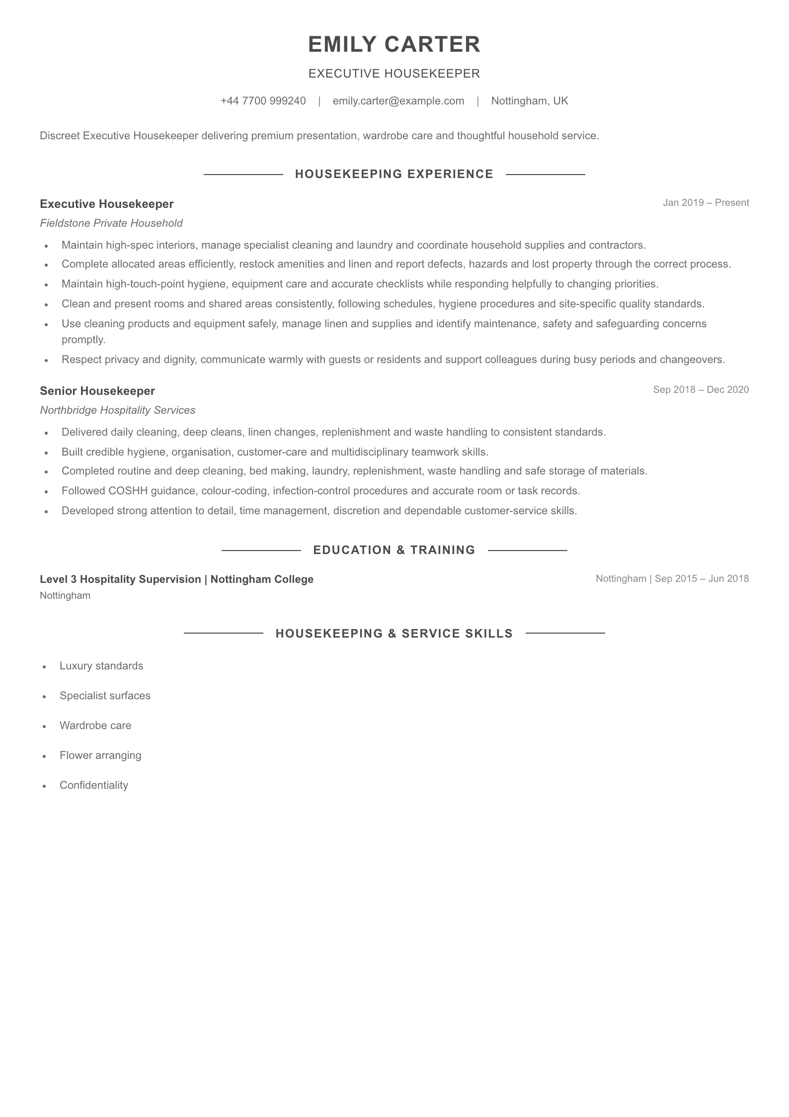 Executive Housekeeper CV template