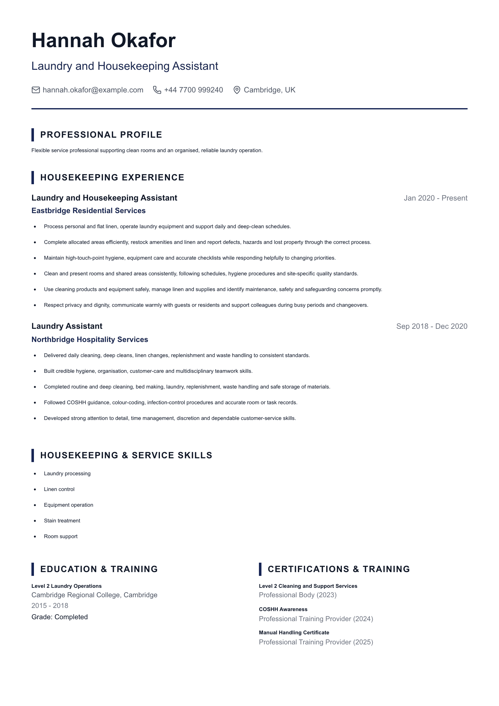 Laundry and Housekeeping Assistant CV template